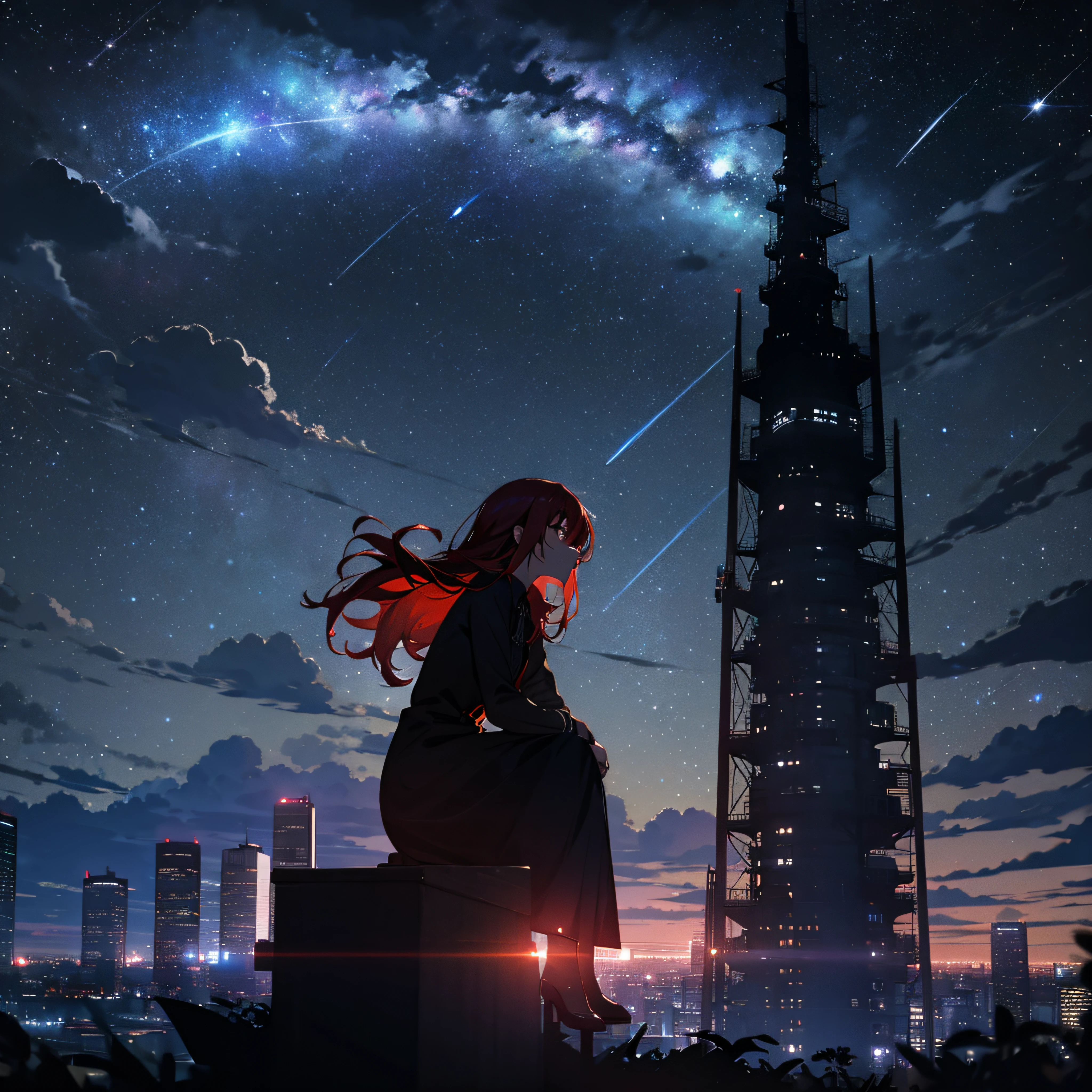 octans, sky, star (sky), scenery, starry sky, night, 1girl, night sky, solo, outdoors, building, cloud, comets, milky way, sitting, tree, long red hair, white shirt, golden eyes, black panties, wet, sexy, cyber city, futures, silhouette, cityscape, amazing, power.