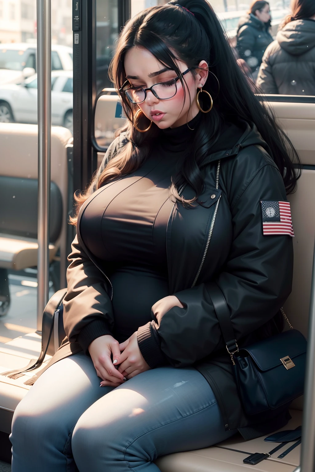1 beautiful woman, adult, large body, fat woman, long hair, ponytail, hoop earrings, outlined eyelids, made-up eyelids, glasses, winter coat, black coat, blue jeans, black bag, arms folded, sleeping sitting on the bus, mouth open, eyes closed.