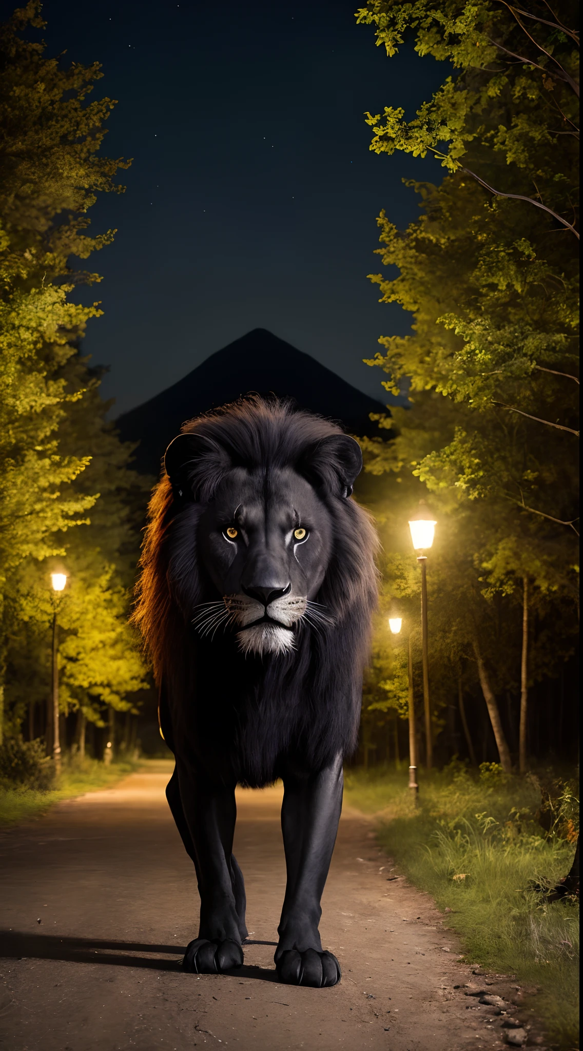 Black lion at night with forest in the background 
Realistic image photographer photo