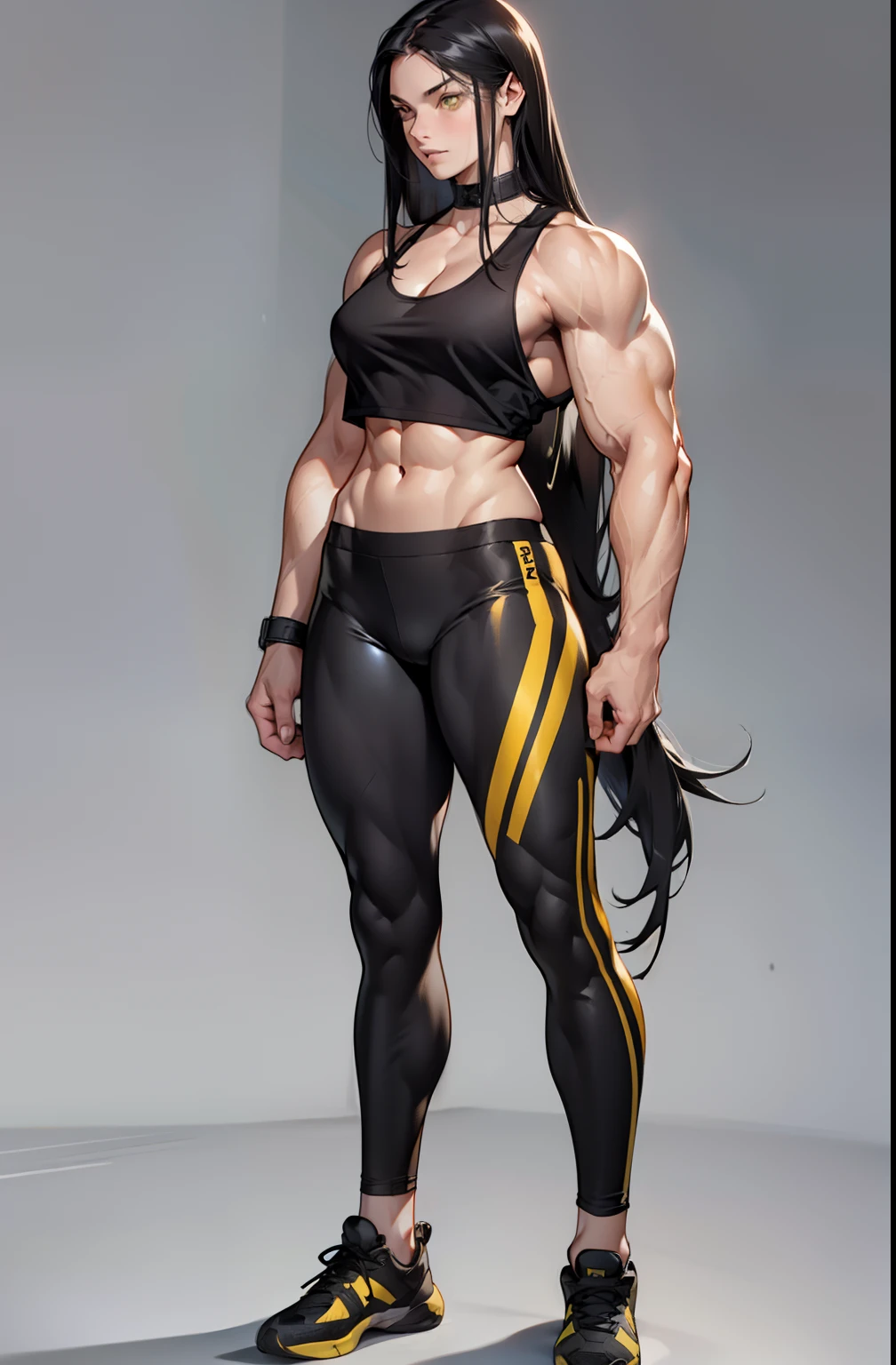 (((((1 girl))))), black hair, yellow eyes, very long hair, ((((((muscular)))))), tall, pale skin, leggings and tank top, ((full body)), (solo)