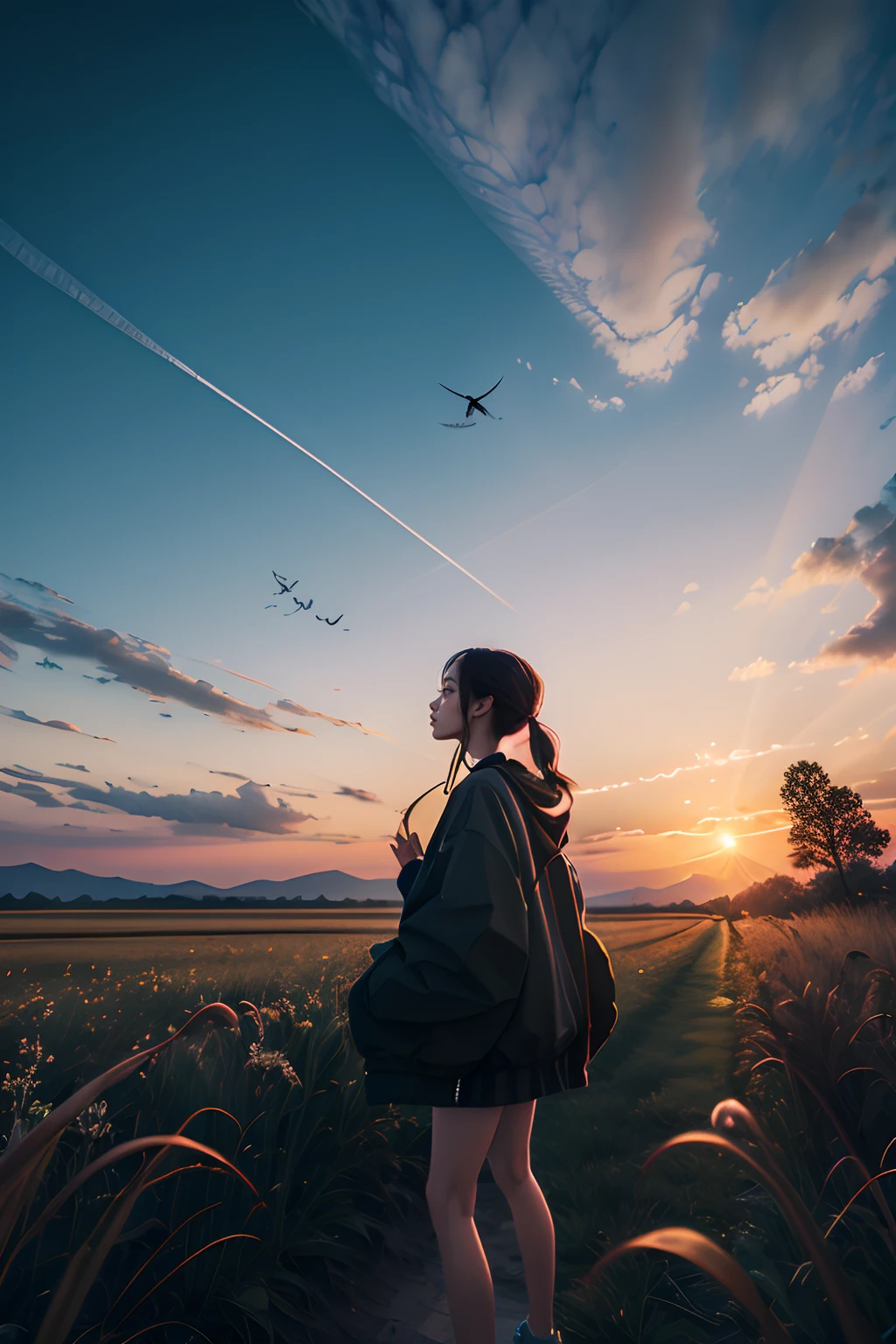 、(masterpiece:1.2、hightquality)、(pixiv:1.4)、volume illumination、Lots of dragonflies、1girl in、Sunset sky、
Landscape of many dragonflies flying around in the sky、High contrast, Detailed description, masutepiece, Ultra High Quality, Absolutely,