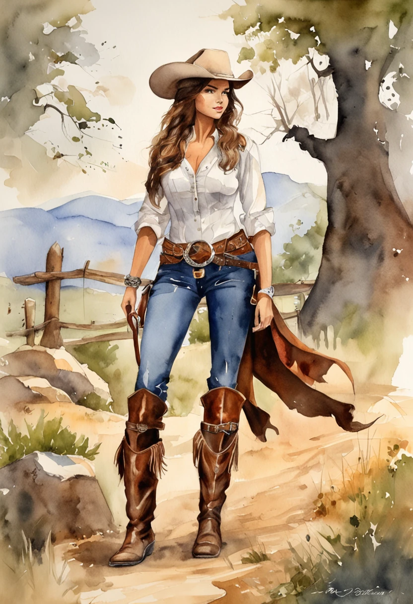 1 mulher, cowgirl, anatomia perfeita, corpo inteiro, cabelos pretos, olhando para o observador, long eyelashes, kalap, colete de couro, camisa branca amarrada na cintura, cinto de cowboy com fivela prata, shorts jeans, pantyhose, cowboy boots, old west cenário, golden hour