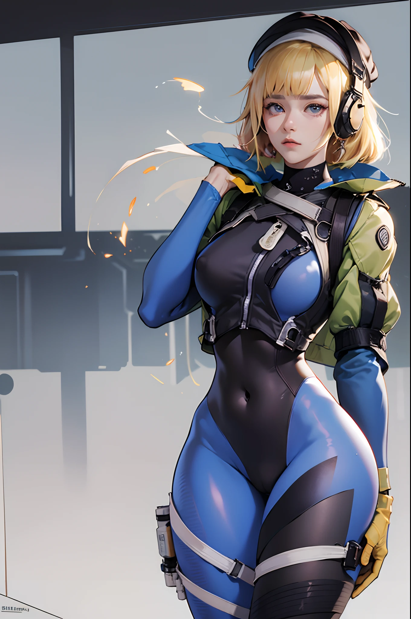 vhsKeeper, 1girl, solo, chiclete, soprar bolhas, bunda perfeita, kalap, looking behind, fundo branco, cachecol, Slacks, bodysuit, cabelo longo, fones de ouvido, bullet proof vest
