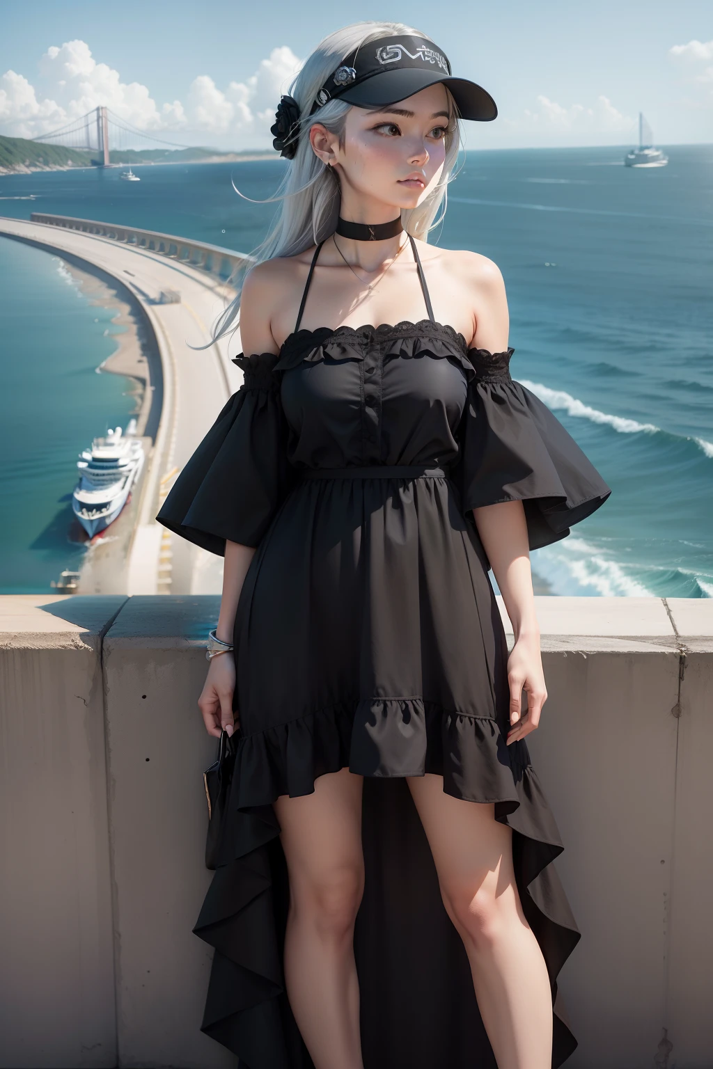 Bridge across the sea in the distance，Cruise ships at sea，The girl next door stands on the shore，black long dress，Gray sunscreen clothing，Sky blue visor，Black polarizer，Five roses in his hand，