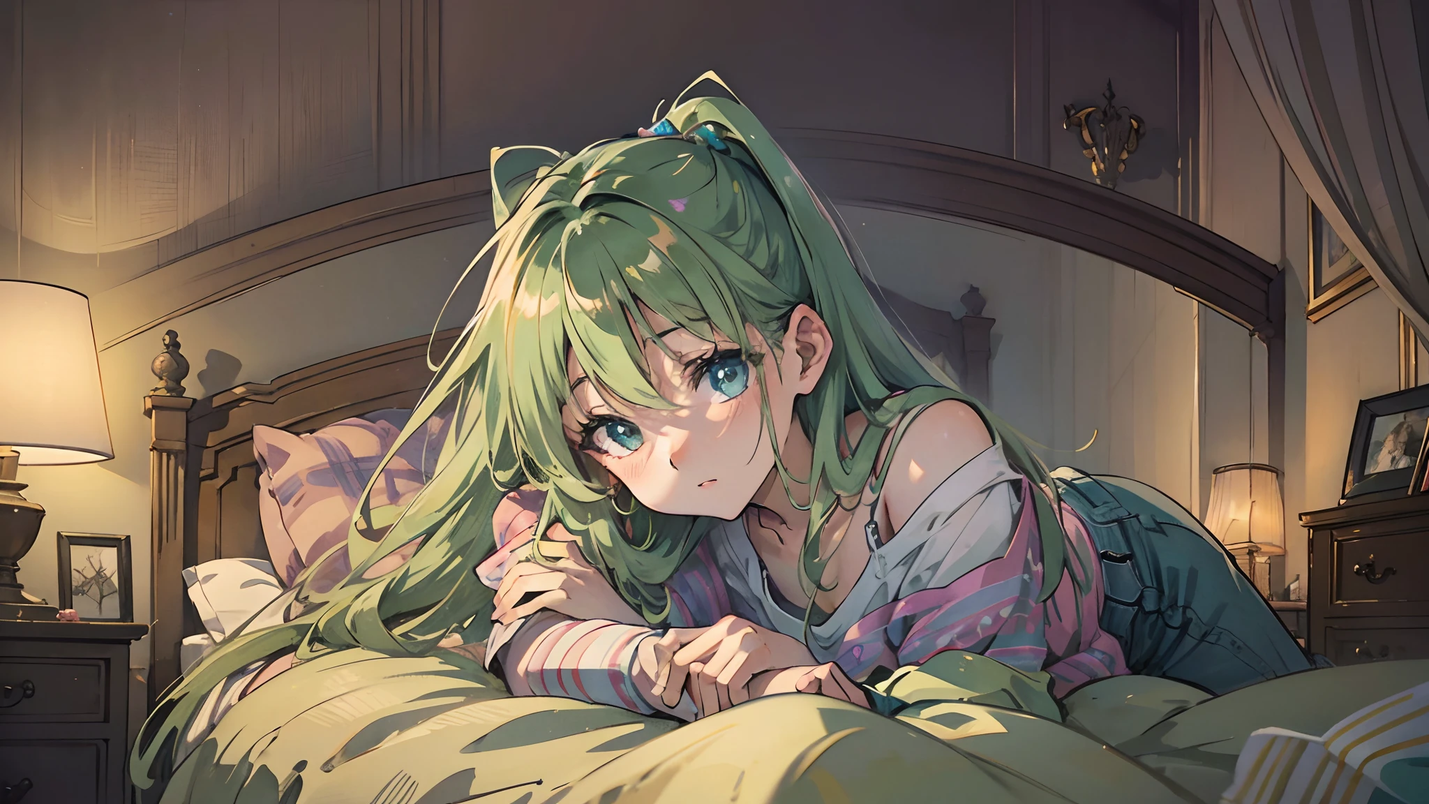 This illustration depicts a casual, anime-inspired college girl lying in bed waiting for her boyfriend to come home in a dramatic scene. The style combines manga aesthetics with photorealistic rendering. Use smooth, detailed textures and radiant lighting to bring out the character's anticipation. Portray the girl wearing comfy clothes like a t-shirt and shorts, resting her head on a pillow. Use a bedroom composition focused on the character relaxing in bed. The background should show bedroom furniture and decor. Unify the realistic quality and lighting across styles from artsy to psychedelic. Bring together luminous lighting, crisp shadows, and lifelike materials for visual cohesion. Aim for lively, radiant colors that complement the intimacy of the scene. --auto --s2