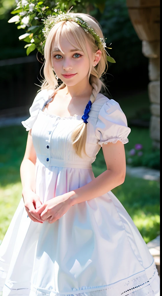 (ultra-detailliert), Cute princess dresses in white color,(frilly dress),(shortsleeves),Blue eyes,The upper part of the body、a closeup、faces、(A smile:1.1),(facing front:1.2), 20yr old, s girl,no tail,(no tail),2D, masterpiece, top-quality, A detailed eye, A detailed face, girl with, Only 1 person,Silver-haired medium hair, (a blond), Ear Hair, small tits, Single braid, (Single braid), (Side braid), Pink ribbon, Ribbon around the neck, (White sleeves), Background bokeh