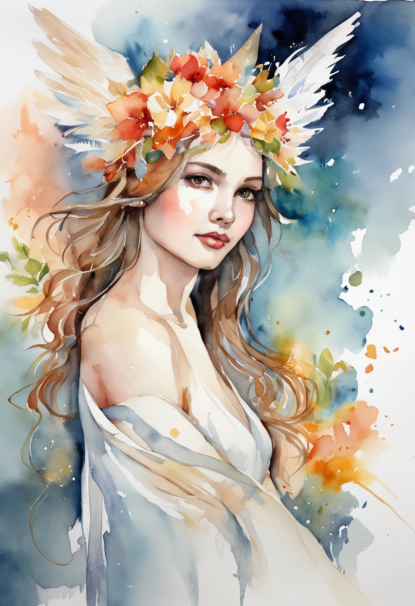 (FULL BODYSHOT:1.4),  White background, (1 Angel Girl,Gamine、Glowing wings, Halo, Exquisite headdress, Smile), (watercolor paiting, Geometry), highly colorful