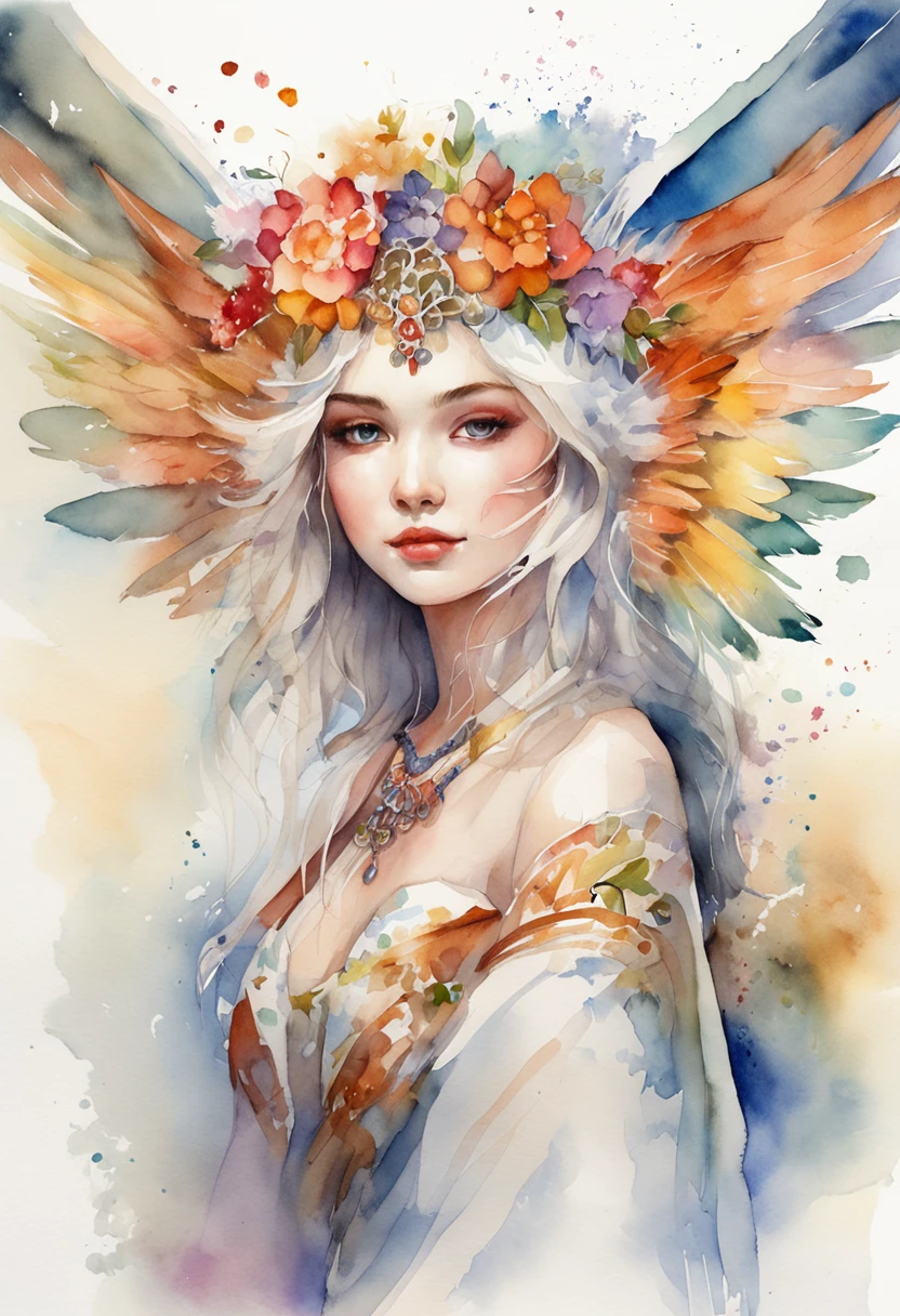 (FULL BODYSHOT:1.4), White background, (1 Angel Girl,Gamine、Glowing wings, Halo, Exquisite headdress, Smile), (watercolor paiting, Geometry), highly colorful