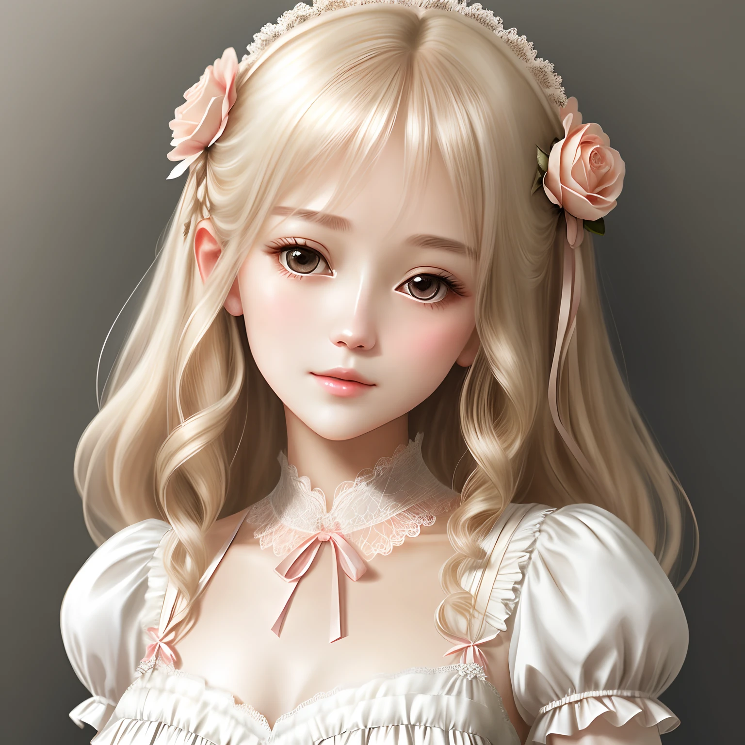 Monica's delicate and delicate beautiful face、Eyes and skin、Delicate blonde shiny long hair、a short bob, elegant frills、 frilled tie、Ribbon Ties、rose hair ornament、detailed lace、Soft fabric、Beautiful rose pattern dress、