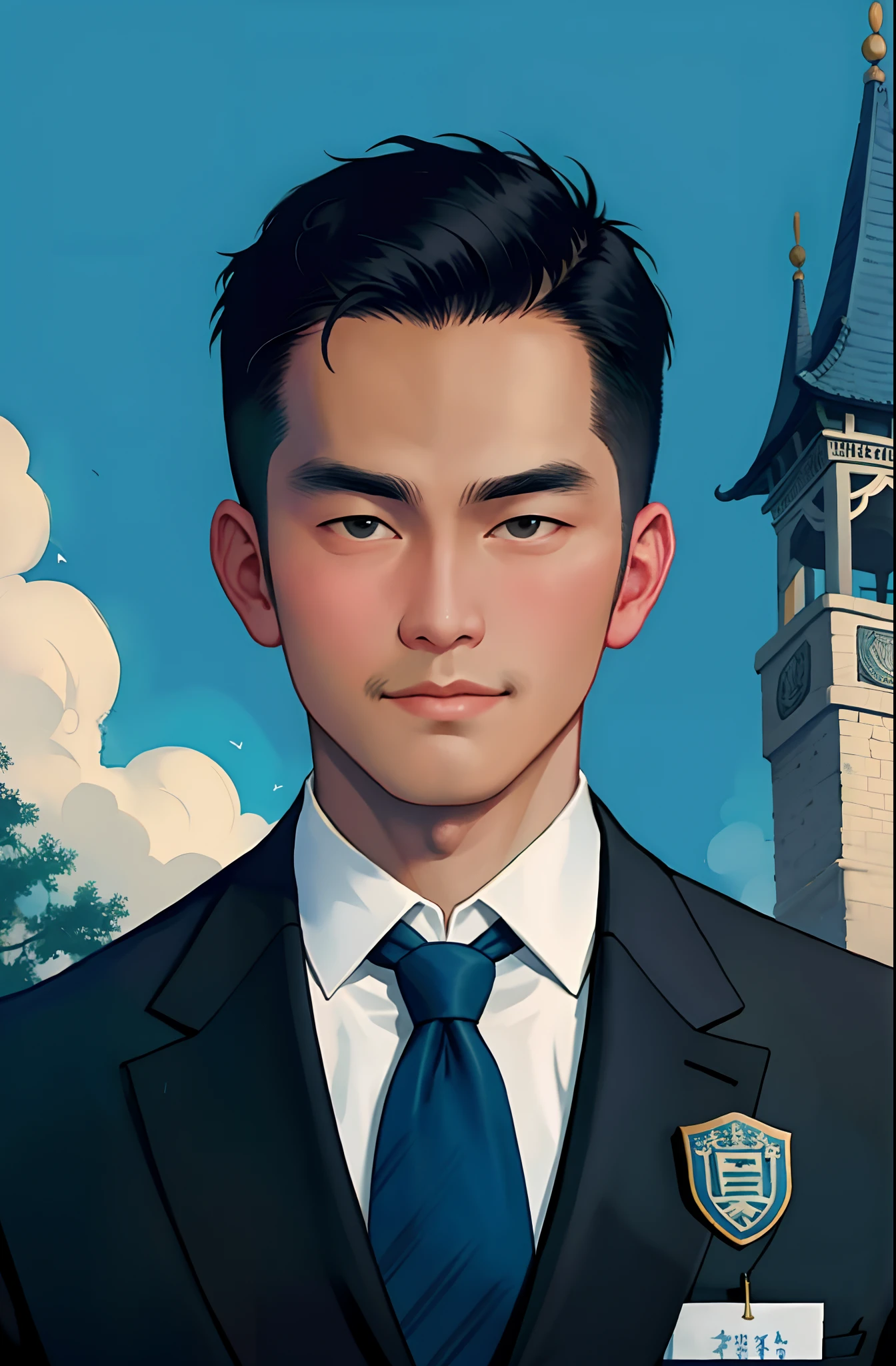 Under the bell tower,Close-up of man in suit and tie lawyer,Wear a Chinese badge on your chest