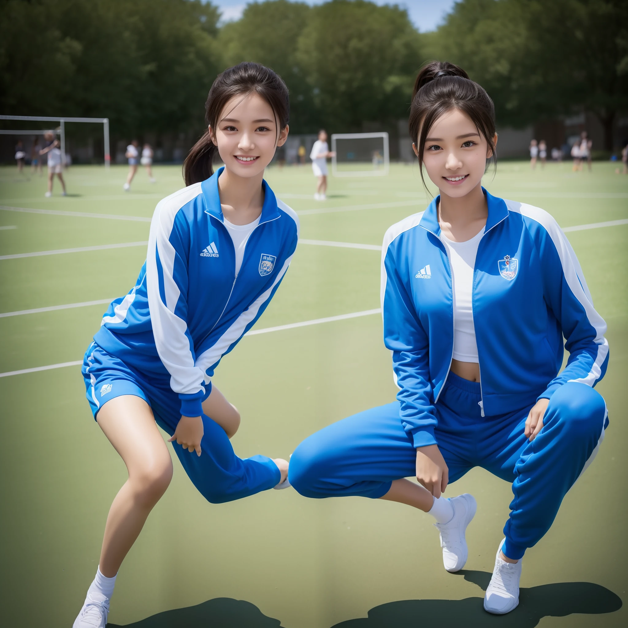 1 very beautiful female high school student,Wear blue and white tracksuits,Play volleyball on the school playground,Super high value,perfect body figure,Beautiful short ponytail,Delicate hair,Fair face and skin,There are beads of sweat hanging down,Have fun on the playground,Large,Chest hyperexcion,The tracksuit on the chest is high and bulging, tight and bulging,Delicate fair and soft toes,detailed finger,fully body photo
