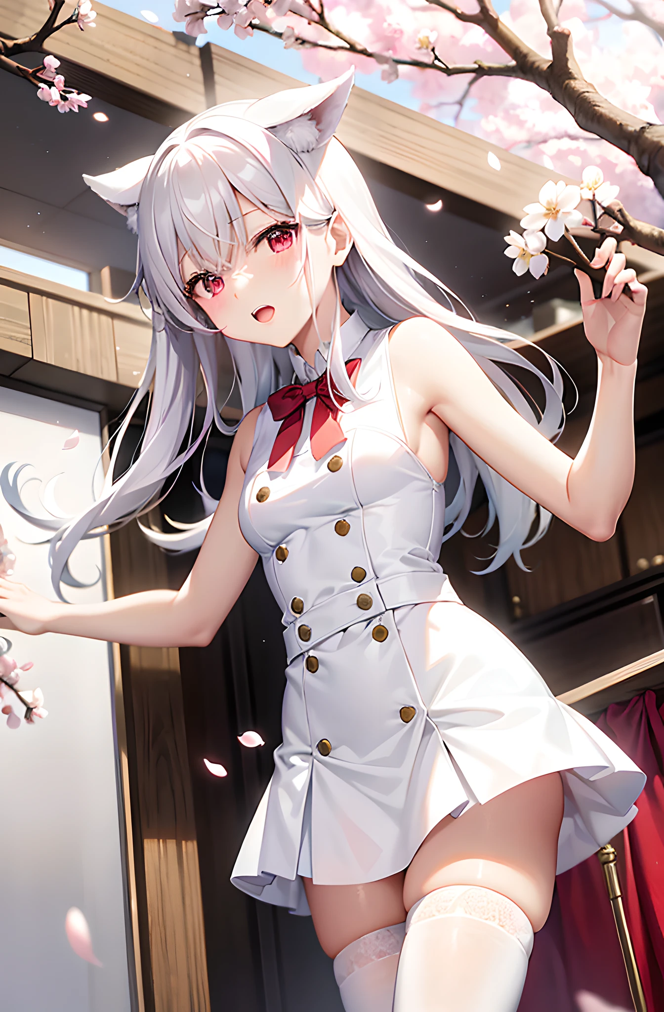 best qualtiy,超高分辨率,Kizi,adolable,White color hair,white skirt,red color eyes,full bodyesbian,It looks like in front of the audience,Cherry blossoms fall around,outside,white stockings,