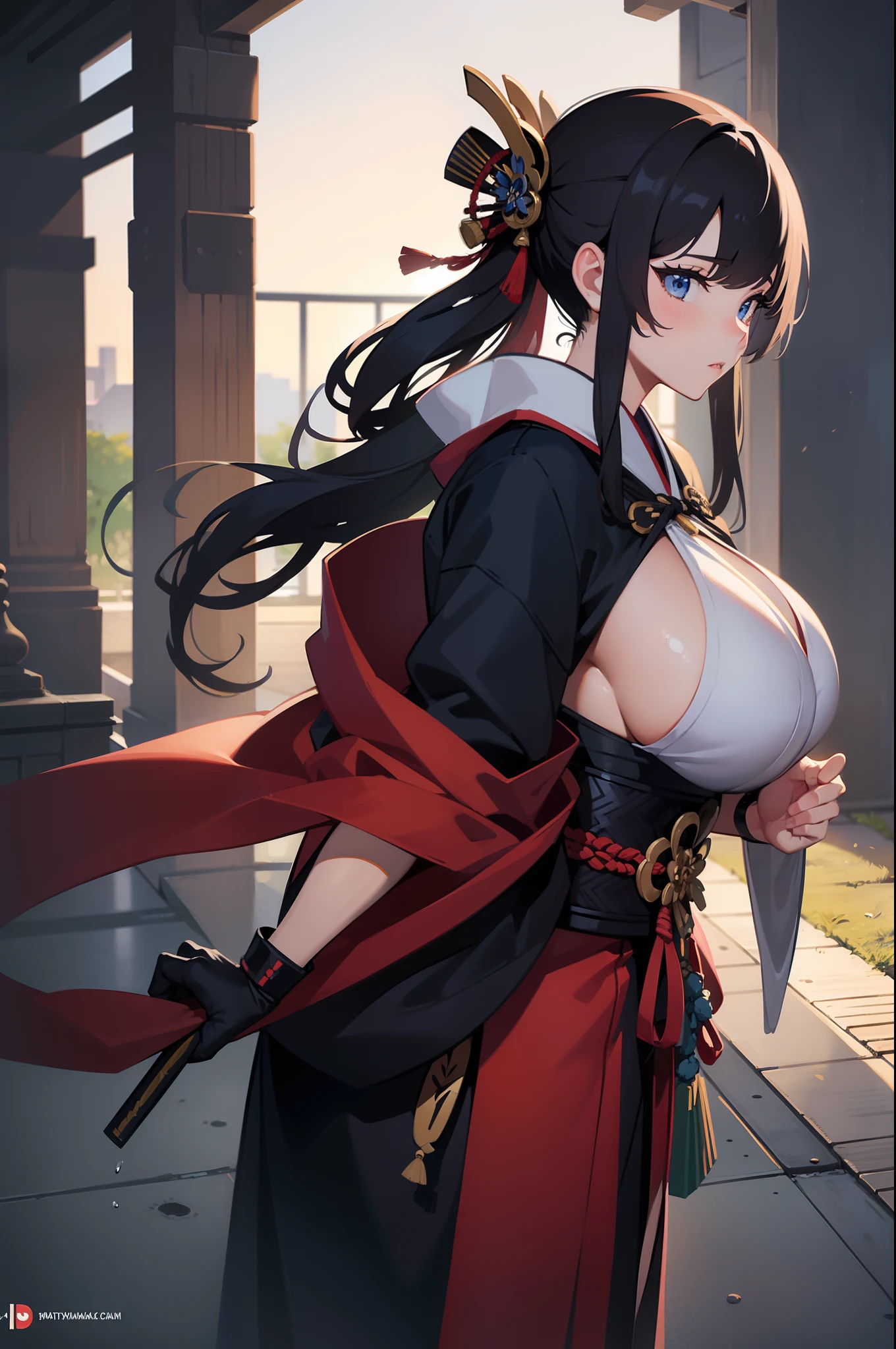 (masterpiece, best quality), 1girl, gigantic breasts, curvy, chubby, kimono, samurai,