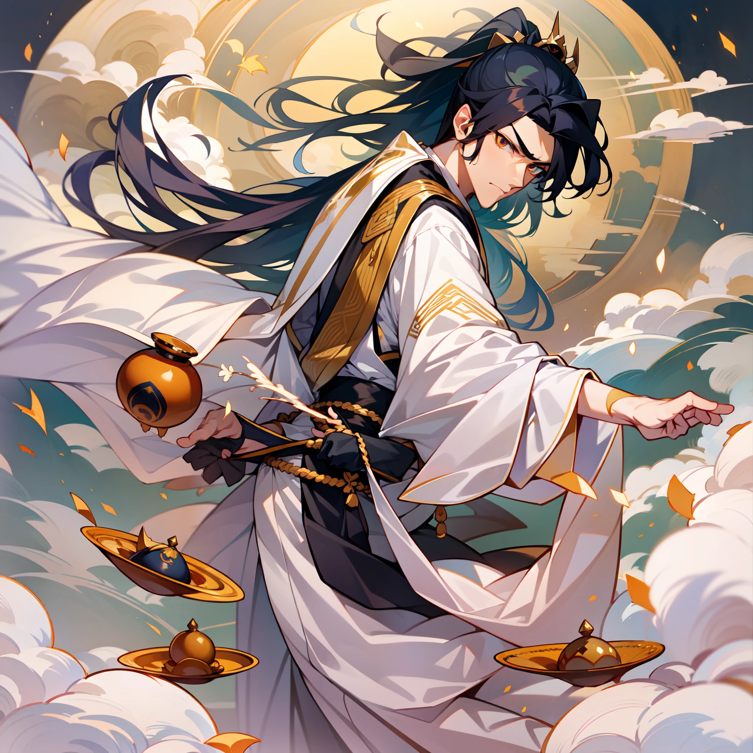 One wears a pure white Taoist robe painted with black talismans,A small red gourd is pinned to his waist,One hand attached,Do a one-handed pinch with the other hand,Step on a domineering floating spaceship,Driving above the sky,The surrounding clouds are shrouded,Black hair and golden eyes,Long hair and waist,The feminine beauty of a handsome guy exuding from the shawl,The background has a very oppressive feeling,The lines are clearly outlined,The characters have a sense of vicissitudes