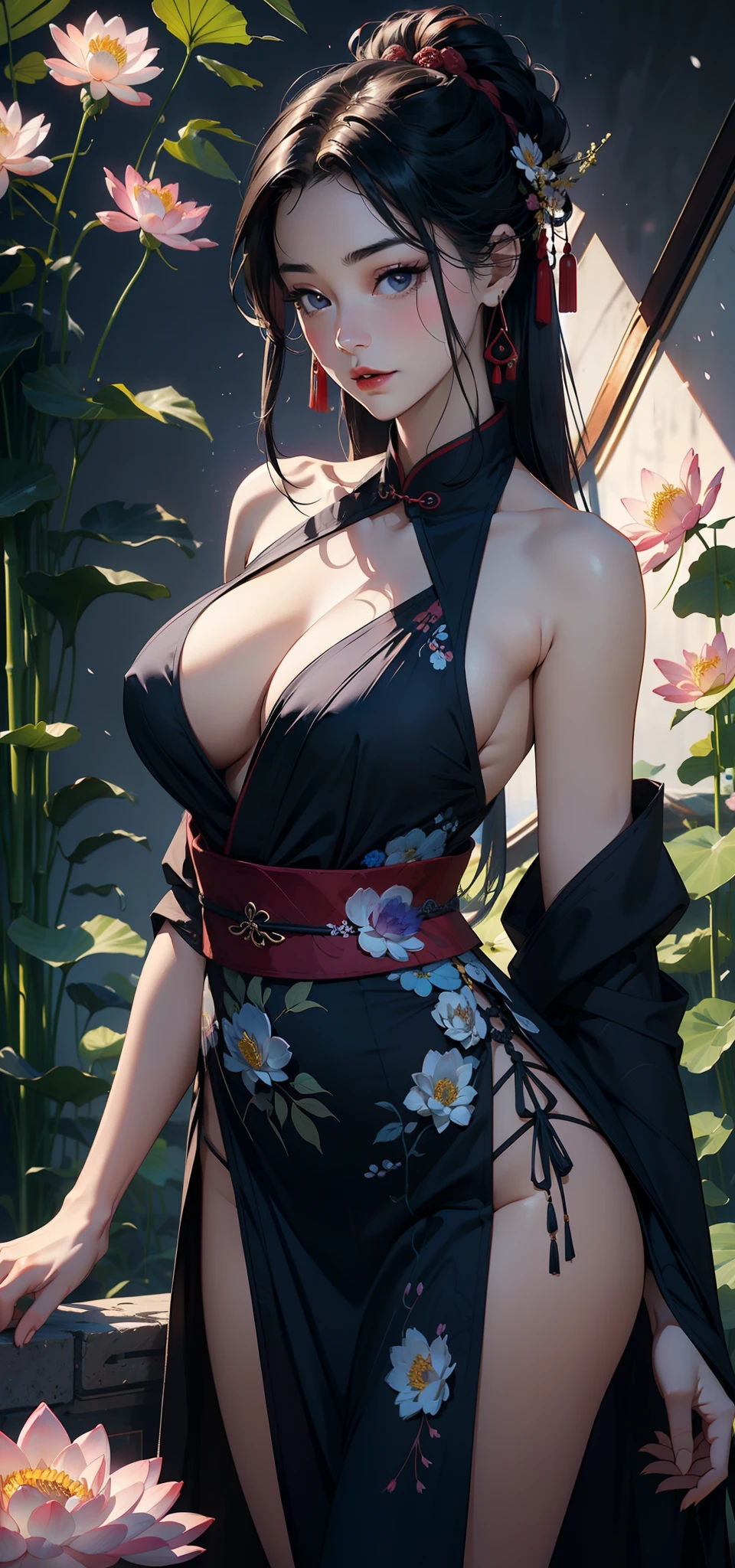 legends，Purple background，deep Purple，Dark tones，Pink big breasts，lotuses，foreground，lotus flower，Green bamboo vista，（snow landscape），（（Ancient Chinese red Hanfu beauty standing in a sea of flowers smiling）），Melon seed face，Willow eyebrows，Cherry small mouth，（Black eyes），Gentle atmosphere，closeup cleavage，Perfect facial features，（The hair is meticulously depicted），（The face is carefully depicted），Works of masters，（The flowers are carefully depicted），super-fine，high qulity，A high resolution，The composition is perfect，（（tmasterpiece））Bigchest，Big breasts Thin waist，long leges，Buttock augmentation，Raised sexy，Bare ，Bare breasts，China Princess（Wearing：Blue Hanfu）