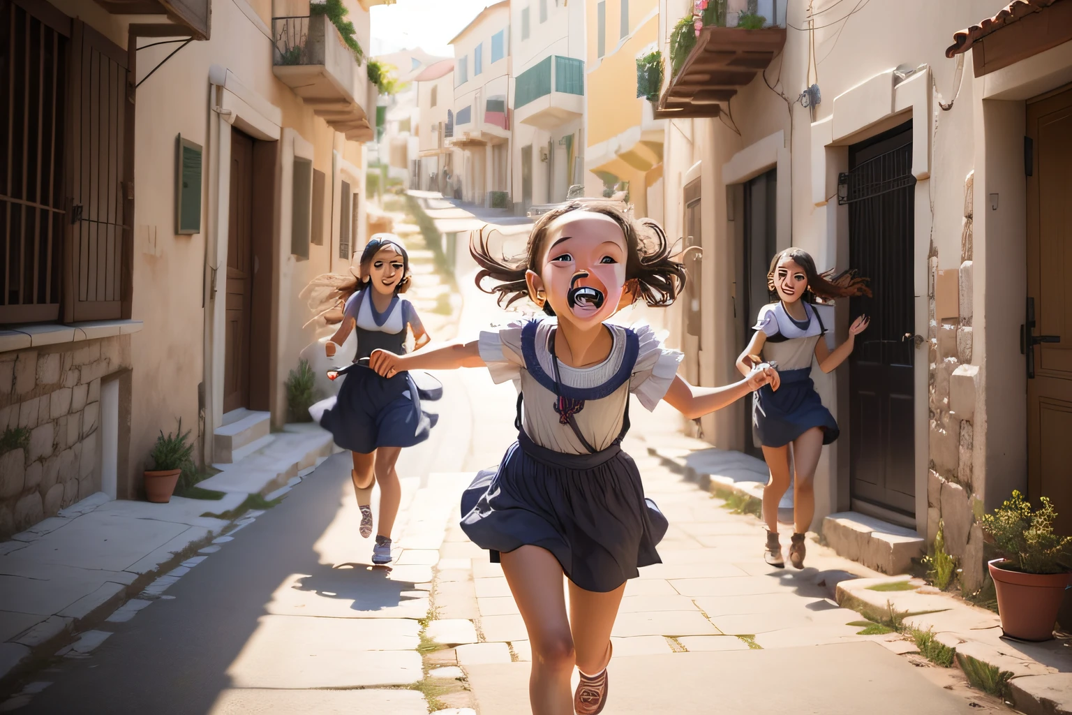 the innocence and joy of young girl named as she plays in the hills and streets of ancient Athens with her sisters. Portray the scenes of them laughing, running, and enjoying each other's company.