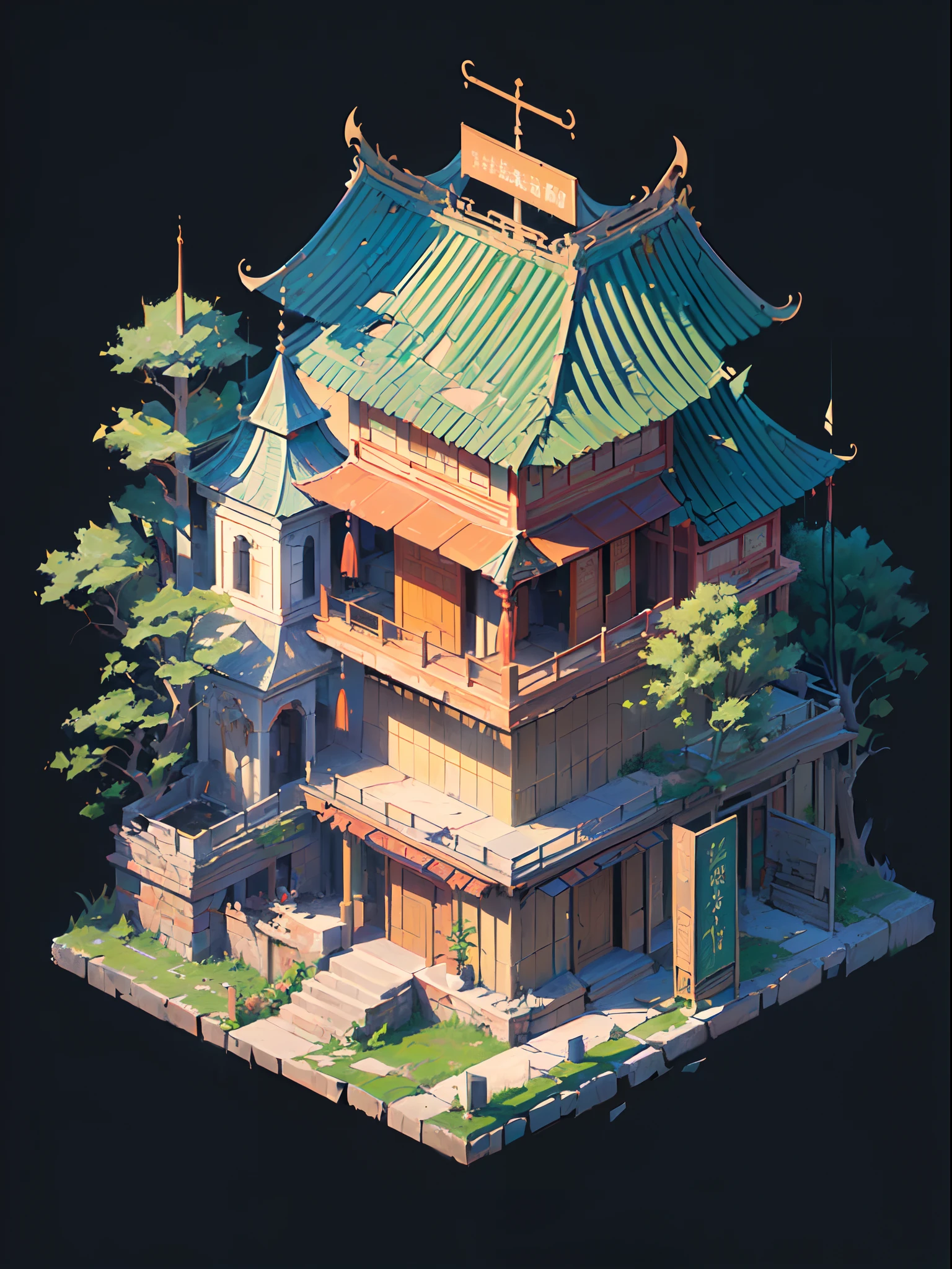 (isometry:1.5), (Masterpiece, Top quality, Best quality, offcial art, Beautiful and aesthetic:1.2),(16k, Best quality, Masterpiece:1.2),architecture, [:(Black background:1.5):40],Simple background,east asian architecture, (Simple background:1.5), scenery, No Man, stairways, Building, wall, Doorway building, stairways, Chinese architecture,(Another world:1.5),(Torn:1.5)