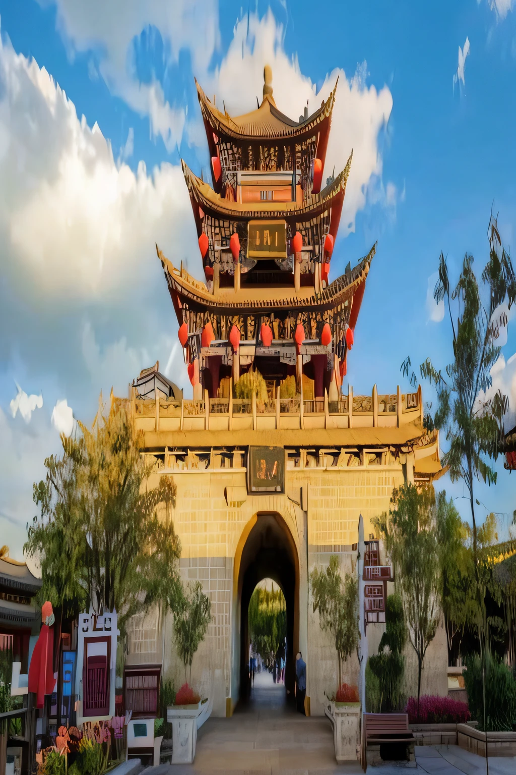 Close-up of a high-rise building,There is a clock at the top, Ancient Chinese architecture, Chinese architecture, guangjian, ancien chinese tower, Tang Dynasty Palace, Chinese style buildings, Chinese tradition, Song Dynasty, Chinese traditional, hou china, Hangzhou, dreamland of chinese, baotou china, Chinese palaces, preserved historical, Beautiful image, Chinese style, chinese temple