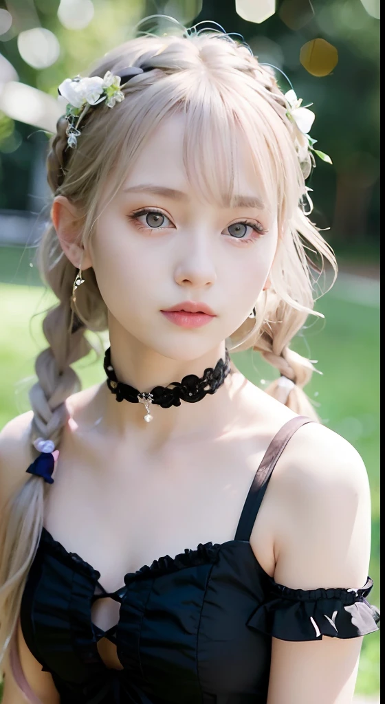 (ultra-detailliert), Cute princess dresses in white color,(frilly dress),(shortsleeves),Blue eyes,The upper part of the body、a closeup、faces、(A smile:1.1),(facing front:1.2), 20yr old, teens girl,no tail,(no tail),2D, ​masterpiece, top-quality, A detailed eye, A detailed face, girl with, Only 1 person,Silver-haired medium hair, (a blond),  Ear Hair, small tits, Single braid, (Single braid), (Side braid), Pink ribbon, Ribbon around the neck, (White sleeves), Background bokeh