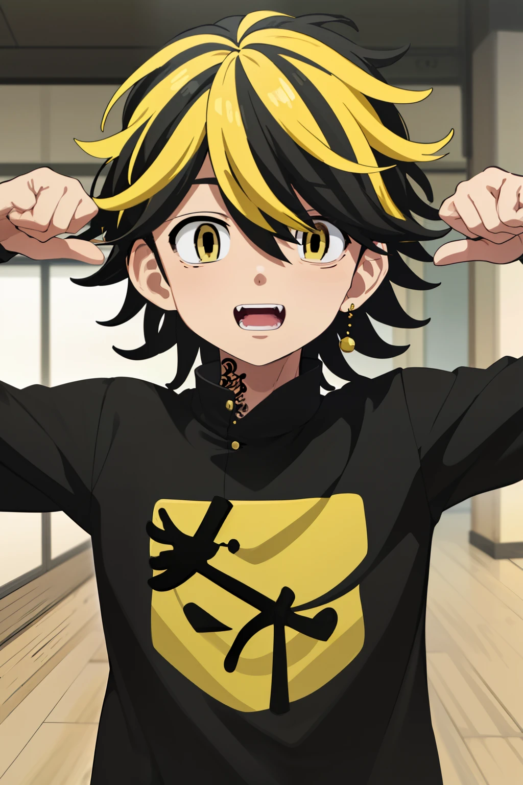 masutepiece, Best Quality, High quality, 1boy, Solo, Male Focus, Looking at Viewer, Upper body, hanemiya_Kazutora, Blonde hair, Black hair, Yellow eyes, multicolored hair,childish,be shy,feel shy,Red cheeks,kawaii pose,Clothes that have fallen apart,