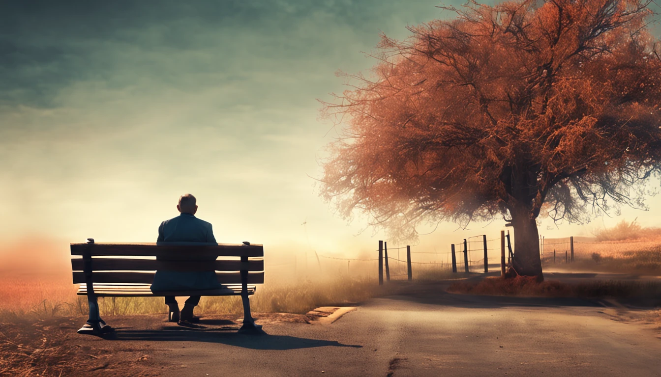 A lonely gentleman sitting on a bench in the middle of a muddy road and a beautiful scenery of nature, final de tarde, sun sunset