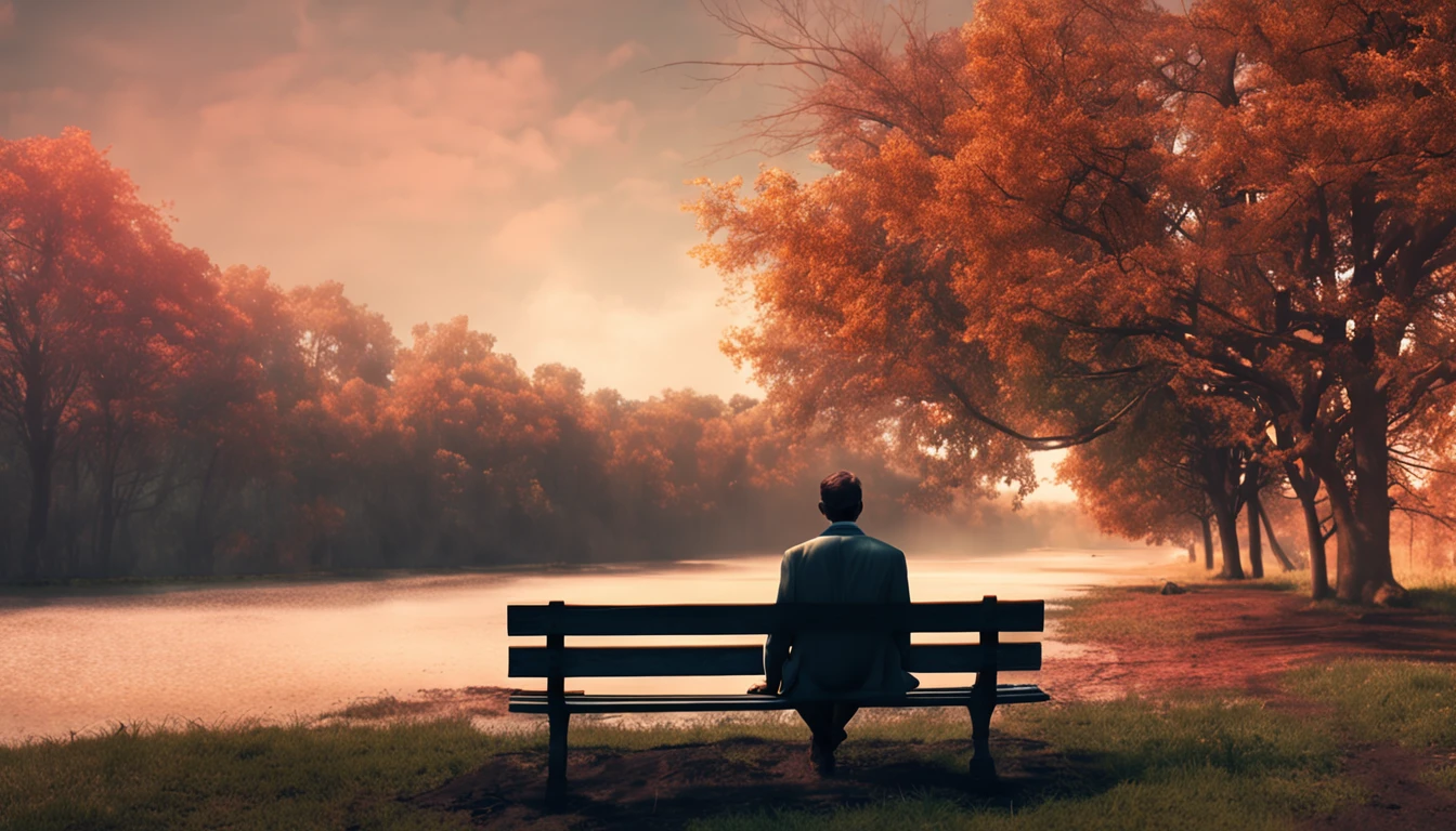 A lonely gentleman sitting on a bench in the middle of a muddy road and a beautiful scenery of nature, final de tarde, sun sunset