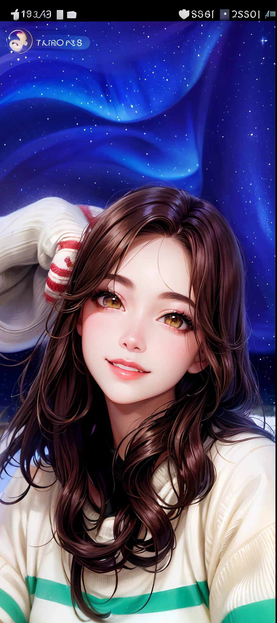 Beautiful, 1girl, brown hair, brown eye, face detail, red lips, closed smiled mouth, cute face, aurora background, white sweater and green line, 19 years old, extremely quality, best quality, 32K, 8K, ultra HD, smile, very beautiful