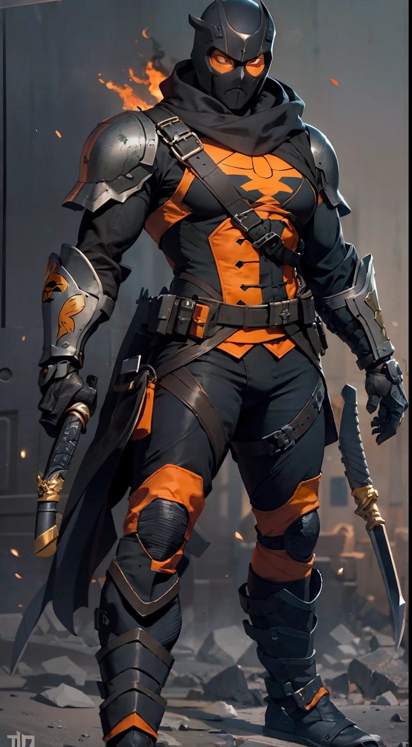 at the battlefield,mercenary,There is a lot of war,smooggy,The people are plunged into an abyss of misery,Landslides and ground fissures,Wind and sand,(realisticlying:1.2),(hentail realism),(tmasterpiece:1.2),(best qualtiy),(Hyper-detailing),(8K,4K,复杂),(full body shot shot:1),(85mm),Particle light,illuminating,(high detal:1.2),(Detailed face:1.2),largeeyes,beautiful goddess woman,putting makeup on,s the perfect face,Perfect lighting,1girll,DC Super Hero Movie,knelling(Deathstroke)His real name is Slade Joseph Wilson(Slade Joseph Wilson),American DC Comics anti-hero,tightsuit,Martin boots,Multifunctional belt,He has two katanas on his back,One-eyed patch,Half-black mask,Ninja style,Orange-black outfit,Death glow,Serious look,Thin waist and thick hips,upper legs,Faust,huge boob,angry look,red pupils,Cyclops,(Knell set:1.2),Gravel background,Broken ground,As Steel Victor Stone,Hands clenched into fists,(Details Mechanical metal skeleton),(No underwear),(finelydetailedskin:1.3),(nice hand),Detailed hands,detailed back ground, perfect eyes, Seductive eye, looking at viewert, From the front,cinematric light,edge lit,超高分辨率,Best shadow,delicated,octanerender,unreal-engine,Glaring ahead,