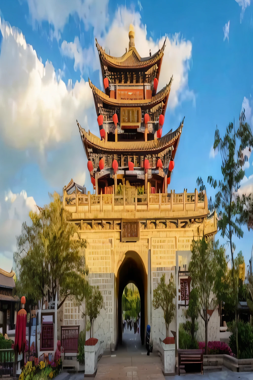 Close-up of a high-rise building,There is a clock at the top, Ancient Chinese architecture, Chinese architecture, guangjian, ancien chinese tower, Tang Dynasty Palace, Chinese style buildings, Chinese tradition, Song Dynasty, Chinese traditional, hou china, Hangzhou, dreamland of chinese, baotou china, Chinese palaces, preserved historical, Beautiful image, Chinese style, chinese temple