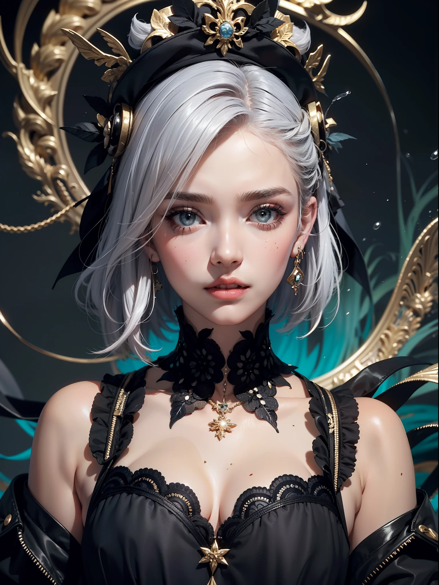 A European，Traditional European costumes，Realistis，（tmasterpiece，top Quority，best qualtiy，offcial art，aesthetics：1.2），The is very detailed，s fractal art，rich colourful，highest details，zentangle， （1boys：1.3），Silvery hair，eyes with brightness，hair slicked back，short detailed hair，black toga，Colorful ink-splashed background