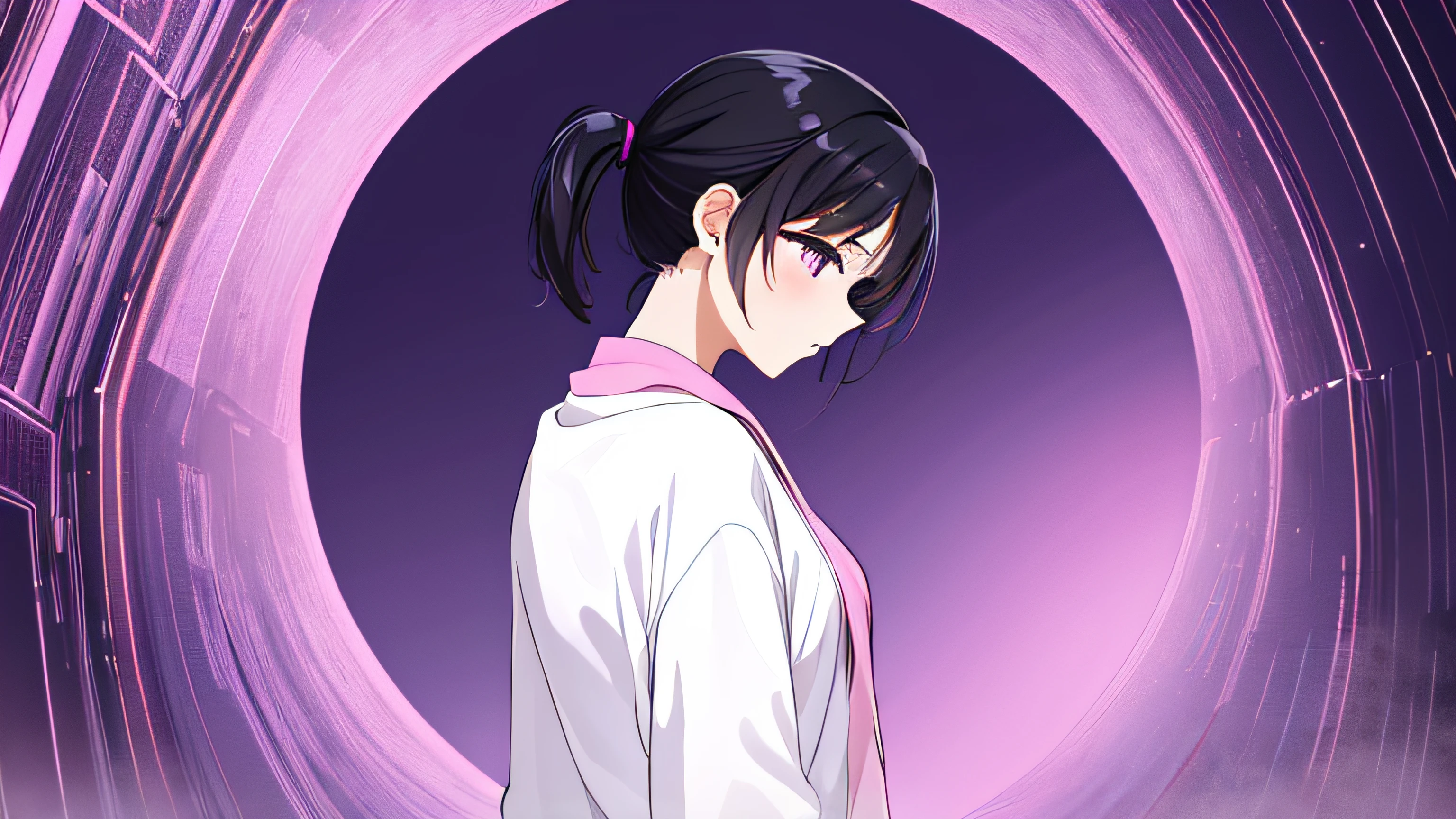 masterpiece, high quality, 8k, beautiful lighting, doga kobo, anime scene, profile, 1girl, hashimoto_mai, black hair, very short ponytail hair, small to medium breast, purple eyes, white soft clothes with pink color, looking away, to the portal, pink and purple with black void
