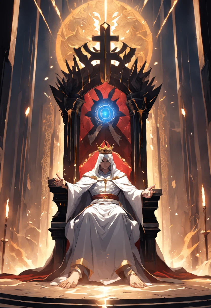 Kindly, Generate an image of an imposing man wearing a crown on his head, Sitting authoritatively on a special throne,This throne is located in the center of the radiant cross. He wears a white cloak,Flow around him, Adding a touch of mystery to his figure. In one of your hands, He held a sword that looked majestic. The whole scene takes place during the day, The cobblestone streets cast deep shadows. Around the throne, 火焰, Crackling and shining;, Cast a sinister glow around you. His glow disturbed the whole scene。Around the throne,Standing are four Valkyries with different looks and figures, full of divinity,Fence the throne,The combination of daylight and flame creates dramatic contrasts, Revealing the details of the throne, 3D,