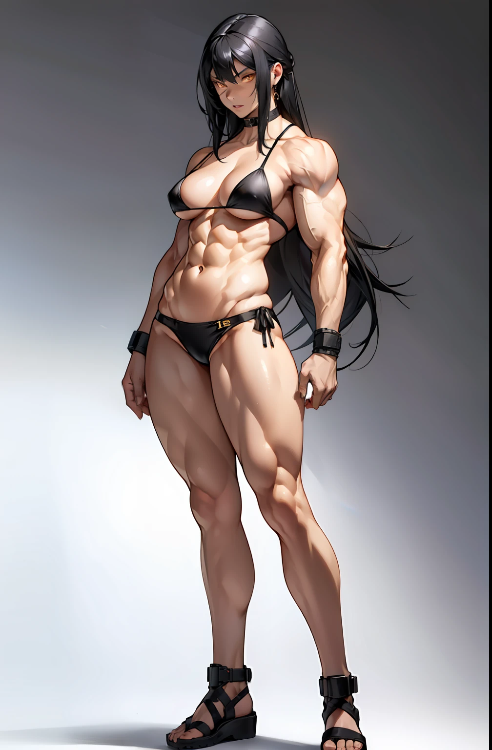 (((((1 girl))))), black hair, yellow eyes, very long hair, ((((((muscular)))))), tall, pale skin, black micro bikini, ((full body)), (solo), gradient background
