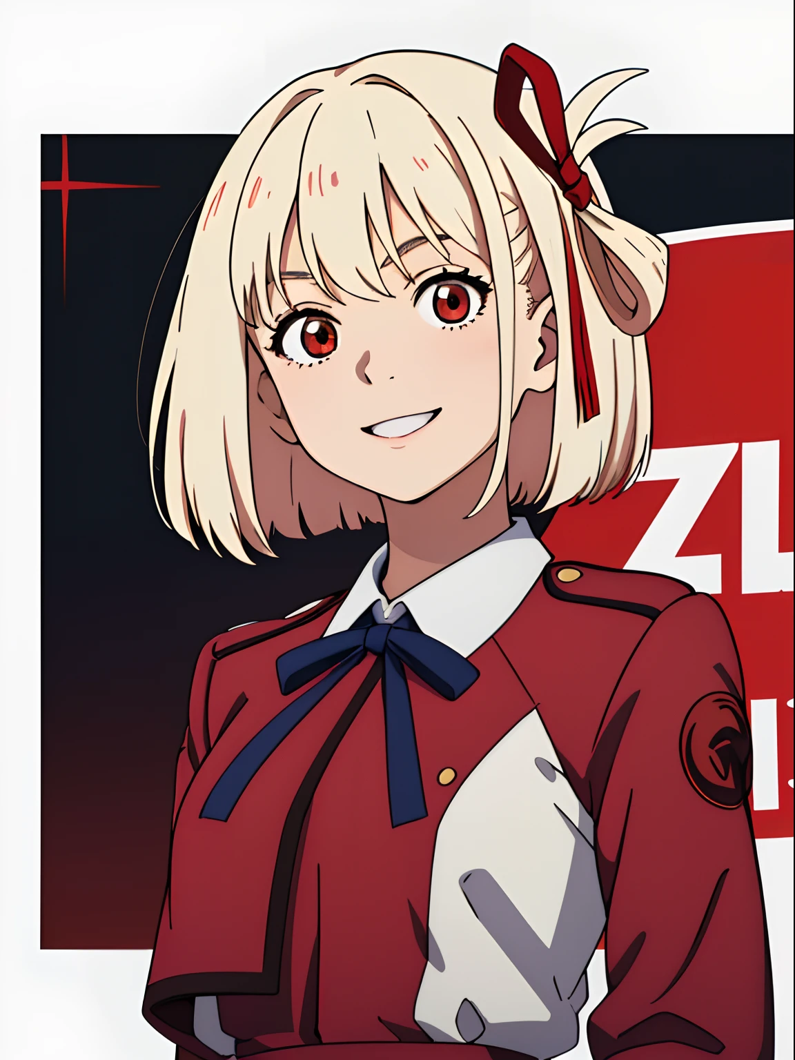 simple background、(​masterpiece、top-quality:1.2)、((facing front:1.2))、A big smile、With bangs、Young woman at 、((The upper part of the body:1.2))、Promotional Art、offcial art、red school uniform、long-sleeve、platinum-blonde、Red ribbons、Amber eyes