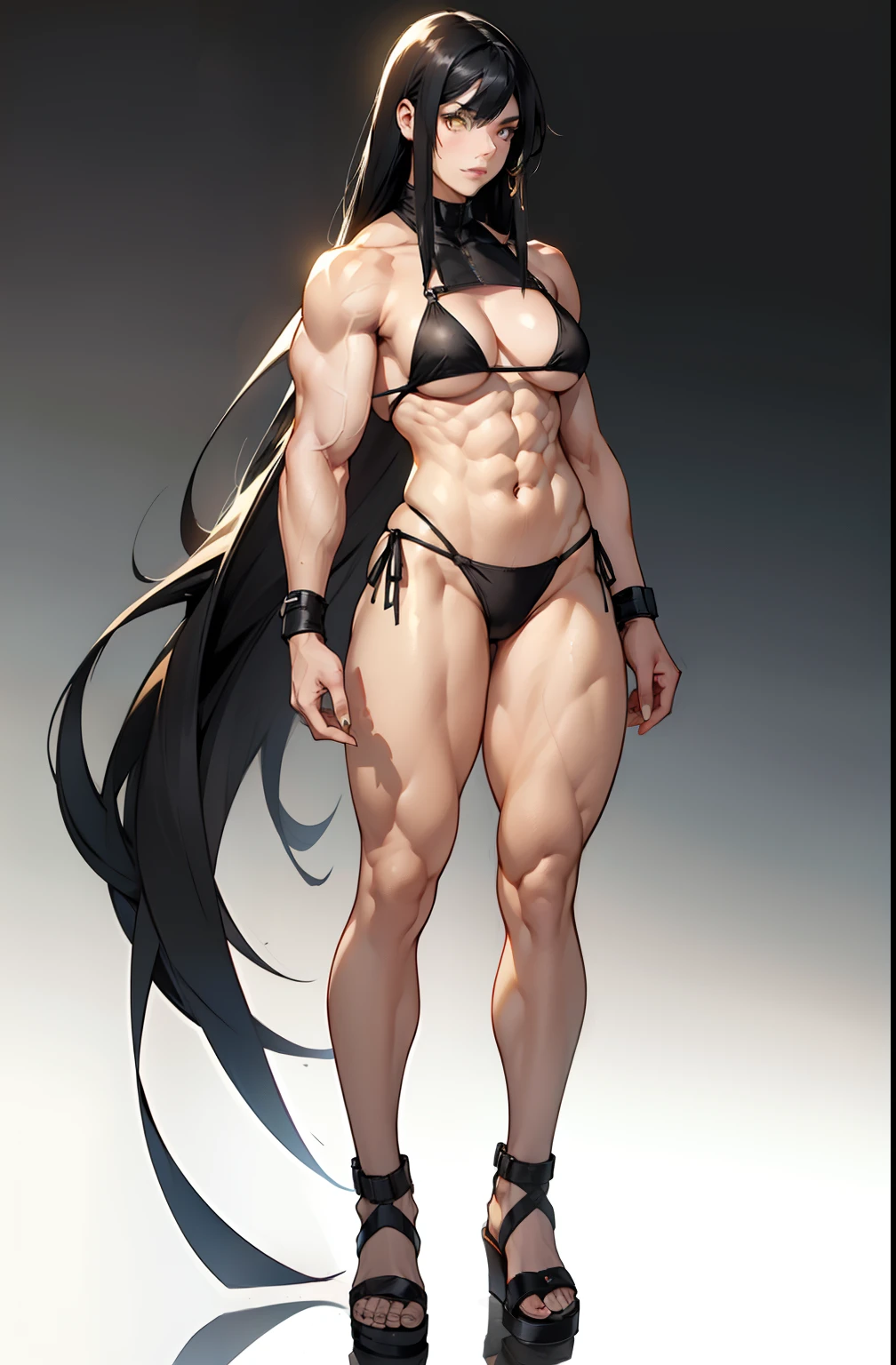 (((((1 girl))))), black hair, yellow eyes, very long hair, ((((((muscular)))))), tall, pale skin, black micro bikini, ((full body)), (solo), gradient background