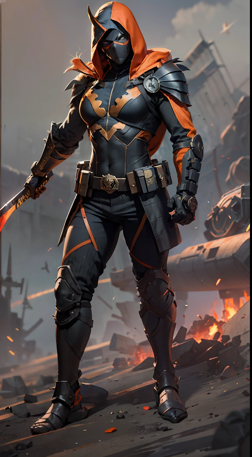 at the battlefield，mercenary，There is a lot of war，smooggy，The people are plunged into an abyss of misery，Landslides and ground fissures，Wind and sand，（realisticlying：1.2），（hentail realism），（tmasterpiece：1.2），（best qualtiy），（Hyper-detailing），（8K，4K，复杂），（full body shot shot：1），（85mm），Particle light，illuminating，（high detal：1.2），（Detailed face：1.2），largeeyes，beautiful goddess woman，putting makeup on，s the perfect face，Perfect lighting，1girll，DC Super Hero Movie，knelling（Deathstroke）His real name is Slade Joseph Wilson（Slade Joseph Wilson），American DC Comics anti-hero，tightsuit，Martin boots，Multifunctional belt，He has two katanas on his back，One-eyed patch，Half-black mask，Ninja style，Orange-black outfit，Death glow，Serious look，Thin waist and thick hips，upper legs，Faust，huge boob，angry look，red pupils，Cyclops，（Knell set：1.2），Gravel background，Broken ground，As Steel Victor Stone，Hands clenched into fists，（Details Mechanical metal skeleton），（No underwear），（finelydetailedskin：1.3），（nice hand），Detailed hands，detailed back ground, perfect  eyes, Seductive eye, looking at viewert, From the front，cinematric light，edge lit，超高分辨率，Best shadow，delicated，octanerender，unreal-engine，Glaring ahead，
