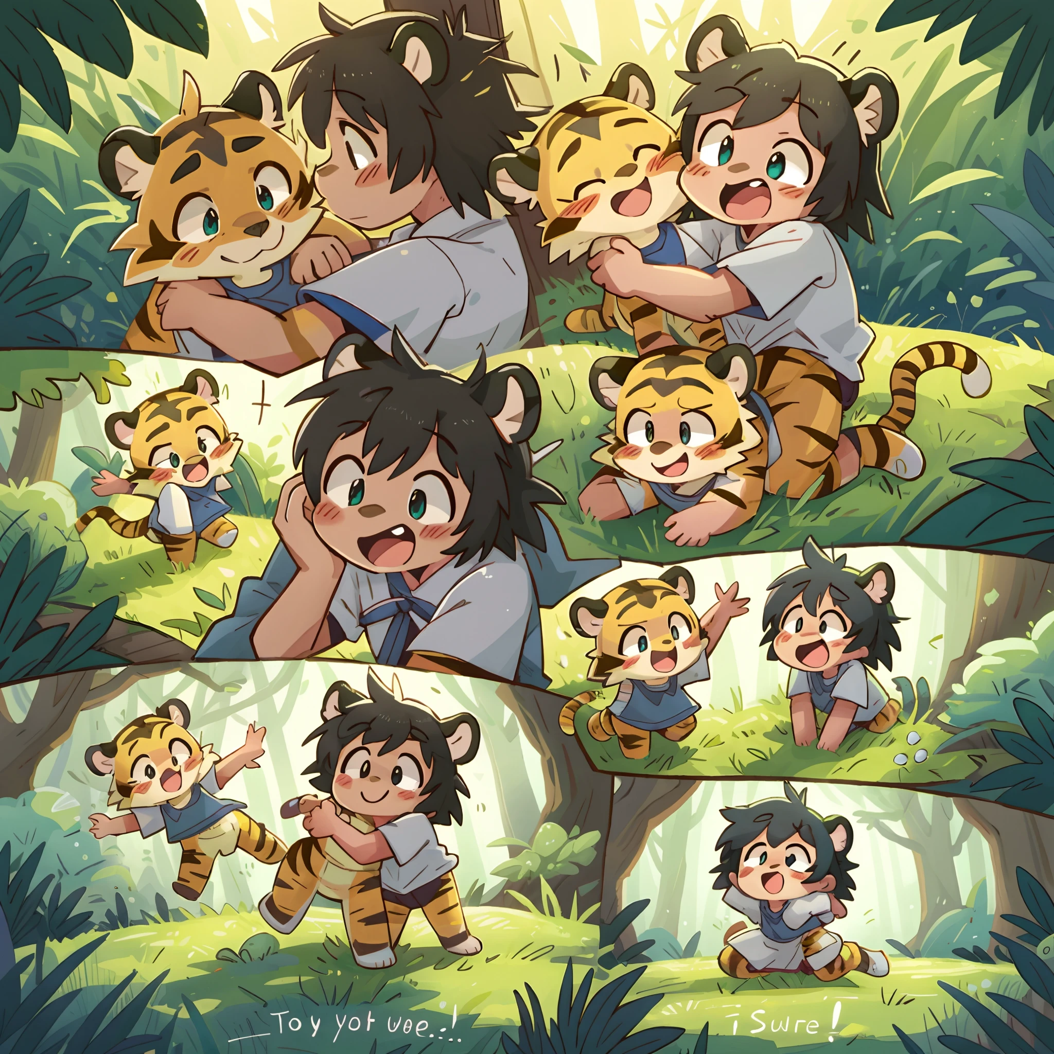 top quality, best quality, highres, masterpiece, super high resolution, detailed background, grass field(animal tiger play with human child girl)petting, hug, biting, smile, joyful, chibi, absurdres(highly detailed beautiful face and eyes)perfect anatomy, good lighting, cinematic shadow, assorted expressions, assorted poses, assorted angles, full body, upper shot, dynamic angle(girls comic-like panel layouts, speech balloon, English text, Hand-drawn sound effects stickers used in girls comic),