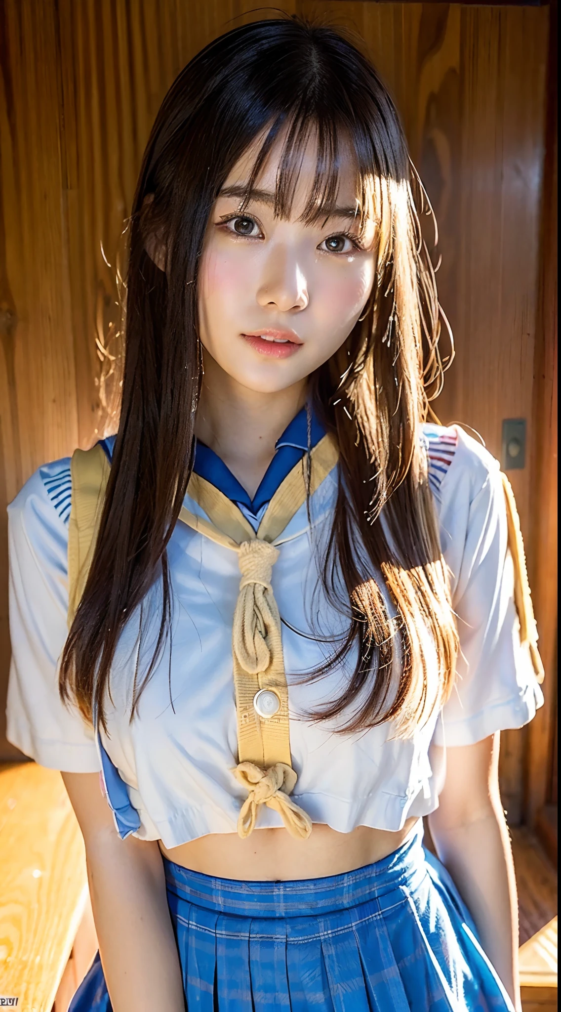 ulzzang -6500-v1.1, (Raw foto:1.2), (Photorealsitic:1.4), a beautiful detailed girl, extremely detailed eye and face, beatiful detailed eyes、ighly detailed, top-quality, [​masterpiece:1.6], finely detail, Cinematographic lighting, (1girl in)、、(perfect body type:1.5)、[ultra gigantic tits、H-cup:1.8]、(Sweating and getting wet)、[sexual excitement:1.4]、(High school students:1.6)、(dynamicposes:1.3)、big eye