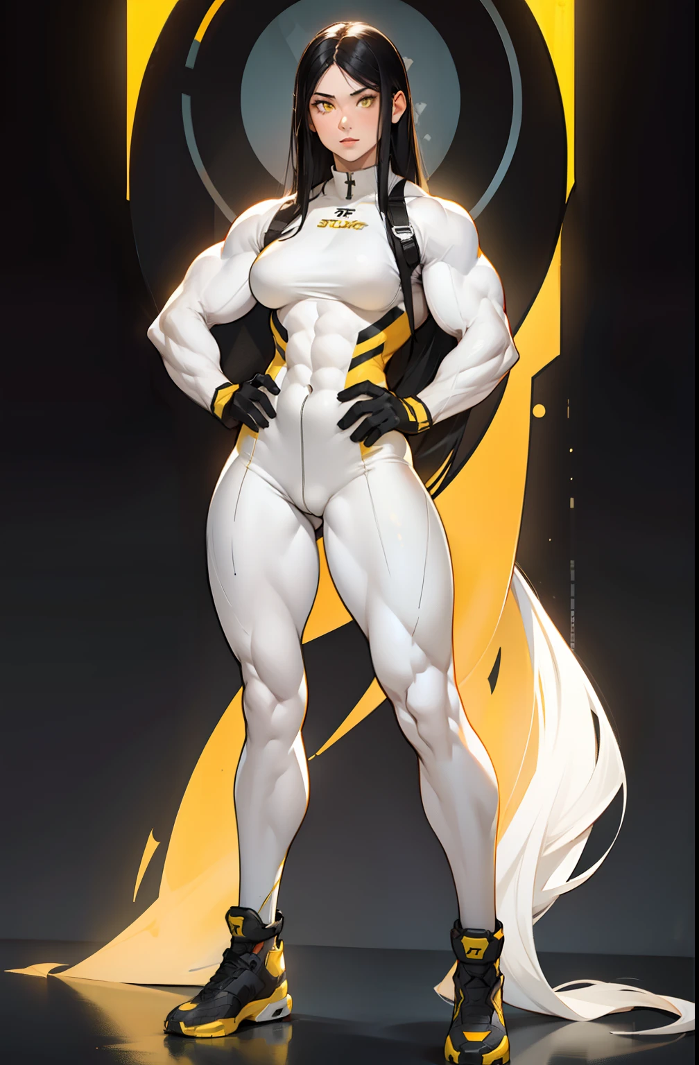 (((((1 girl))))), black hair, yellow eyes, very long hair, ((((((muscular)))))), tall, pale skin, bodysuit, ((full body)), (solo)
