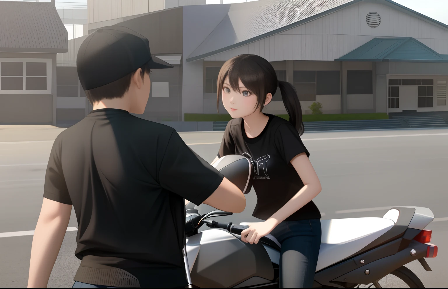 motor bikes、a black T-shirt、hi-school girl、ember、Stadium Jumper