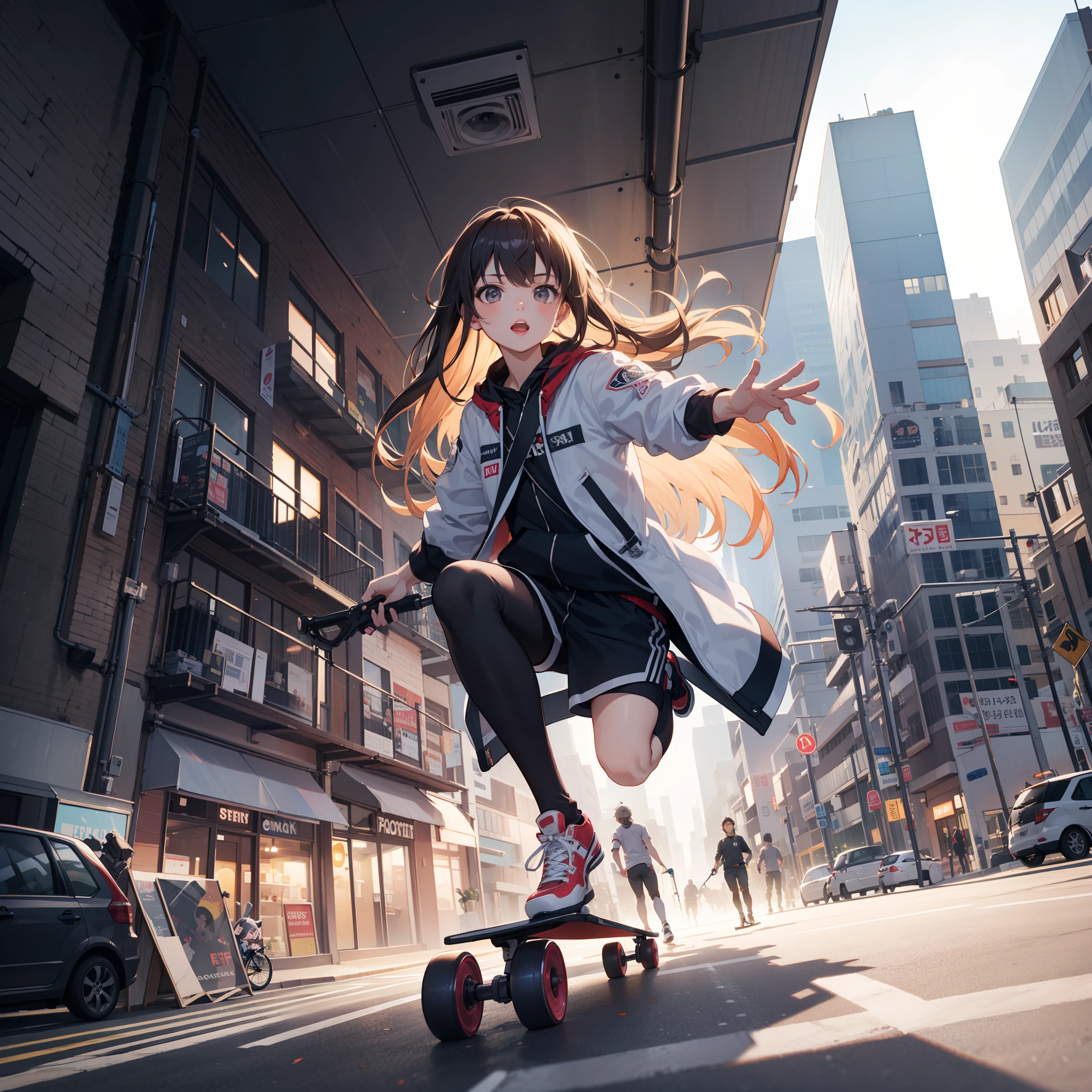 Chibi:1.1,City floating in the sky, riding skates:1.6,, holding a skate board:1.5, jumping high in the sky:1.6,,Tattered and crumbling building in the air:1.8,dynamic pose:1.6,full bodyshot:1.6,dynamic angle,top angle,long shot,8K,ray-tracing:1.7,(RAW Photo: 1.2), (Realism: 1.4), (Masterpiece: 1.3), (Exquisite Detail: 1.2), Subtle and Beautiful Detail,(Facial Detail), (Highest Quality) :1.4), (Super-Resolution: 1.2),(Highly Detailed Illustration),Best Quality,Depth of Field,Natural Shadows