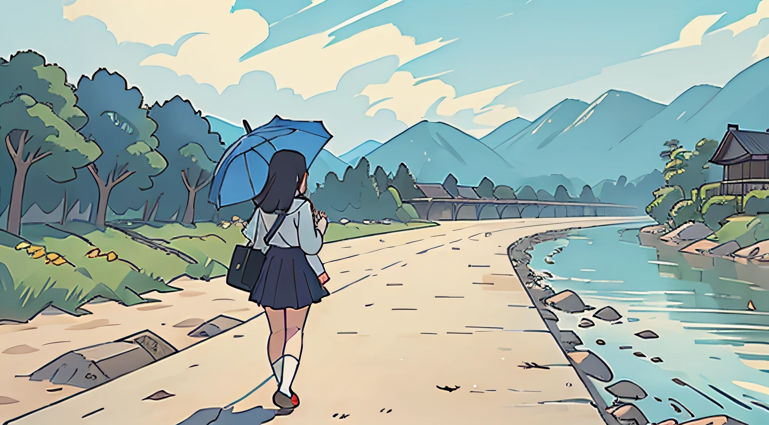 High school girl walking along riverbed with umbrella、Rear view