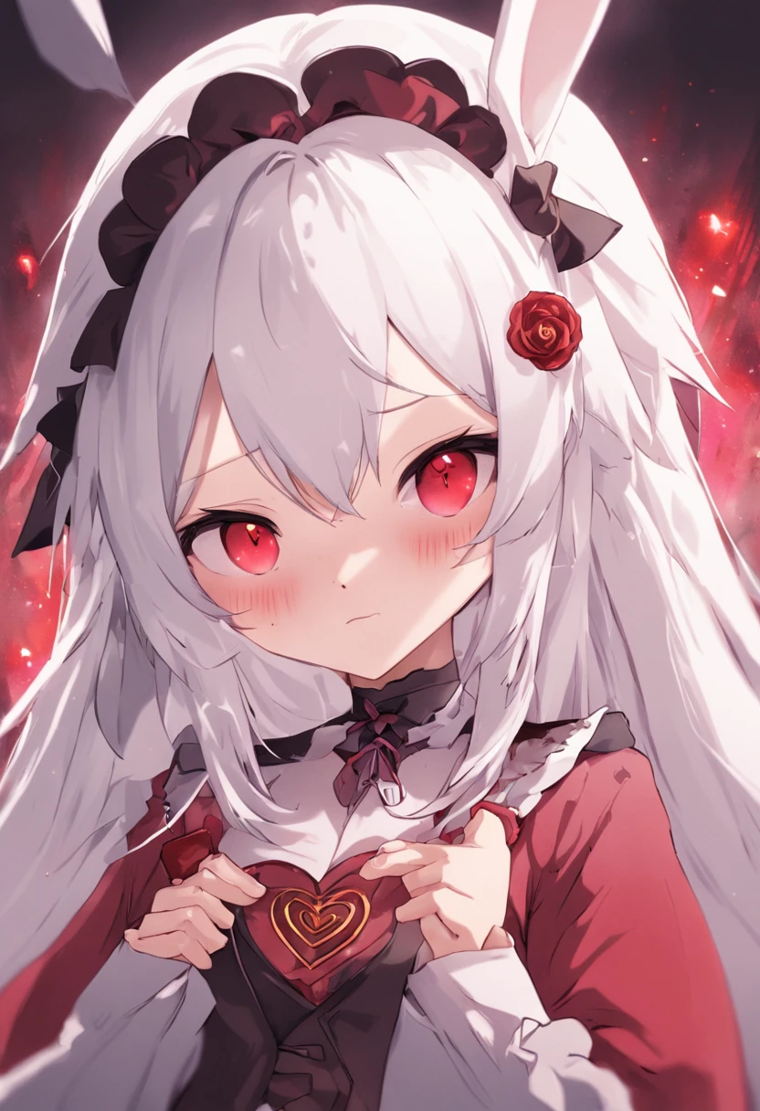 white hair, ahoge, long hair, braided bangs, maid headdress, hair bobbles, red eyes, longeyelashes, heart-shaped eyes, rabbit ears, kemonomimi mode, evil smile, anime style, UHD, retina, masterpiece, ccurate, anatomically correct, textured skin, super detail, high details, high quality, award winning, best quality, highres, 16k