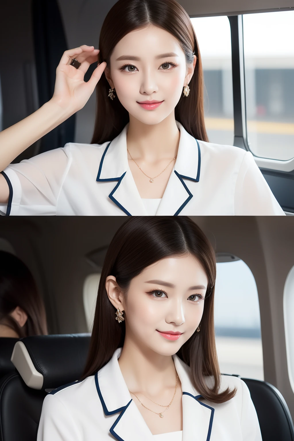 "Best Picture Quality,8K,tmasterpiece,full bodyesbian"The flight attendants are amazing with their well-dressed appearance on the plane。They usually wear neat uniforms,Clothing is generally a professional suit。Wearing a fitted dress with black stockings,Show off your long legs in various poses on the plane,Some of them may have brand logos,to present the image of an airline。The makeup of flight attendants usually focuses on naturalness and sophistication。They choose a light foundation,Leaves skin looking smooth and healthy。They use soft foundations and loose powders,Leaves skin looking natural and smooth。Eye makeup is usually minimalist,They use light eyeshadow colors to accentuate the contours of the eyes,And use mascara to add brightness and definition to your eyes。Eyebrows are usually neatly groomed and padded to add contour。Flight attendants pay attention to the neatness and softness of lip makeup。Choose a pastel-colored lipstick or lip gloss,to maintain the harmony of the overall makeup。Nails are usually neatly trimmed,It will also be painted with a light color of nail polish,to show a neat and professional image。the detail,Accessories and hairstyles。Will wear simple and elegant earrings、necklace and watch,to add highlights to the whole。The hairstyle is usually neat、ren,It will appear as long manicured hair or a neat bun。Such details make them look more professional and elegant。