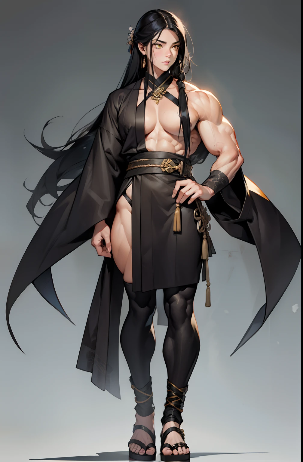 (((((1 girl))))), black hair, yellow eyes, very long hair, ((((((muscular)))))), tall, pale skin, kimono, ((full body)), (solo)