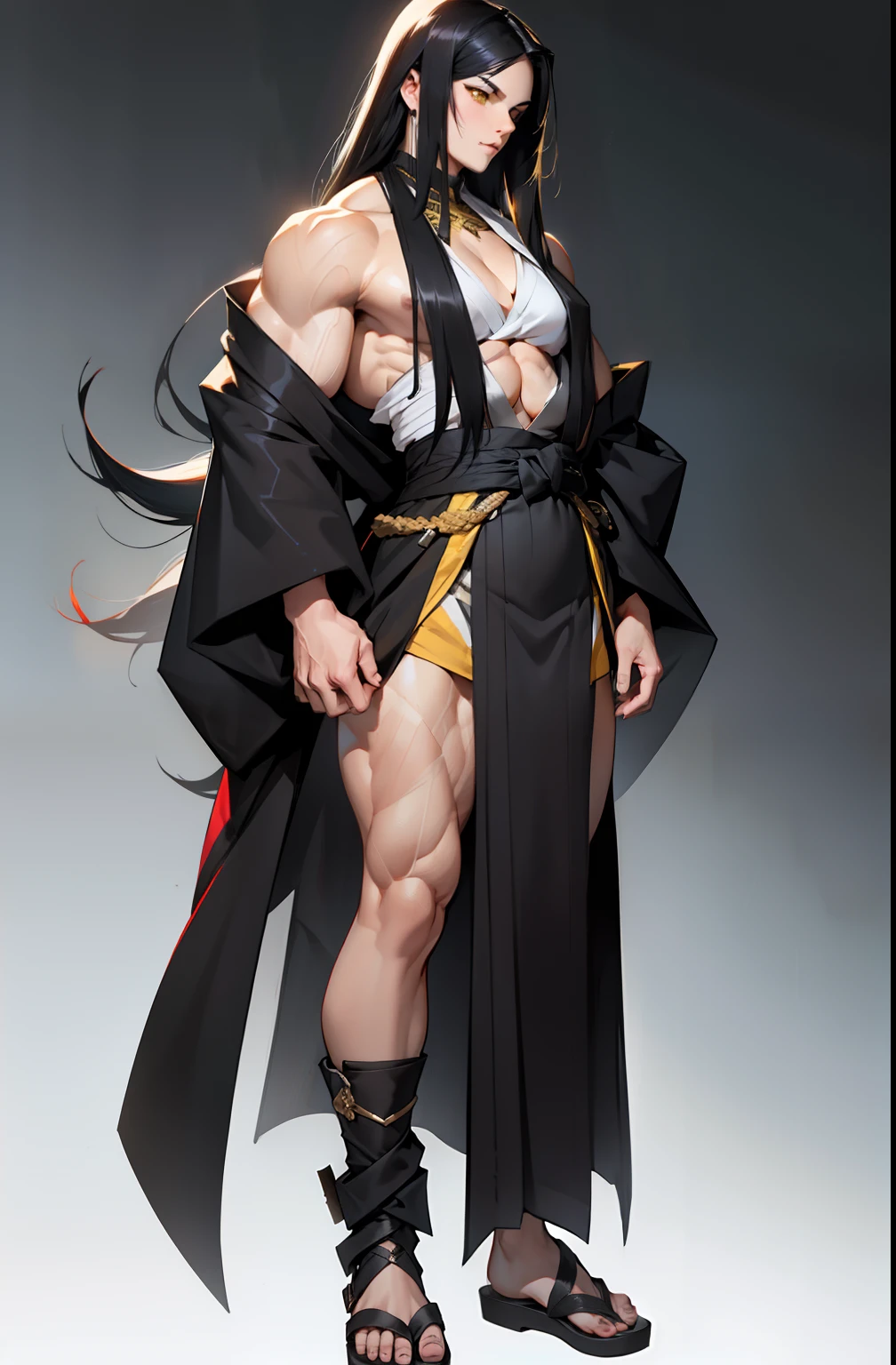 (((((1 girl))))), black hair, yellow eyes, very long hair, ((((((muscular)))))), tall, pale skin, kimono, ((full body)), (solo)