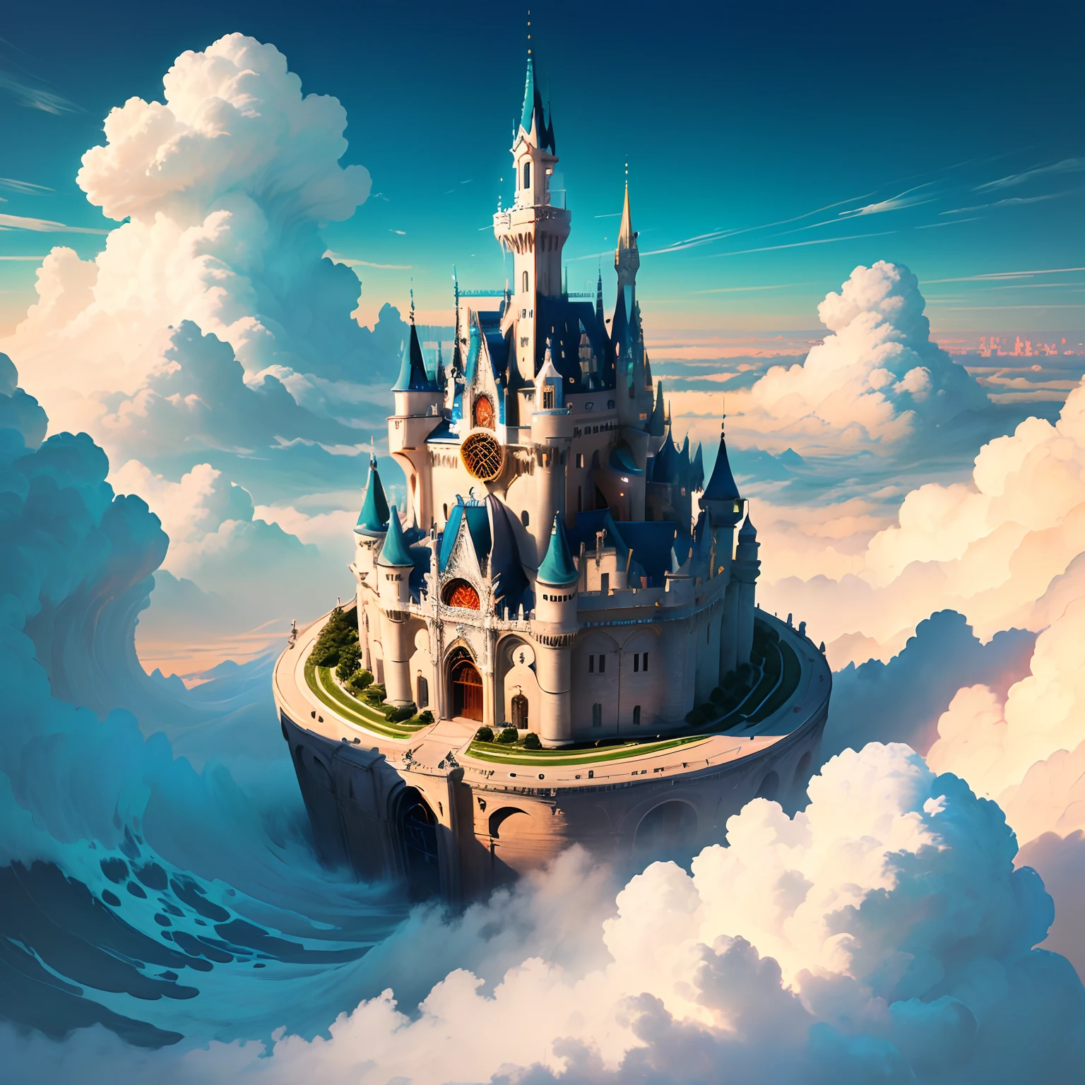 sky cities，tmasterpiece，white colors，dream magical，minimalist wind，Cloud Palace，