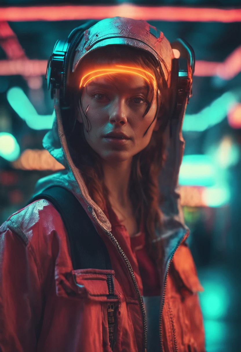 A futuristic young woman exuding a modern and cutting-edge vibe is the subject of the portrait. The ambiance is reminiscent of futuristic cyberpunk elements with a neon aesthetic, drawing inspiration from artists like Beeple and Simon Stålenhag, as well as movies such as "Blade Runner 2049" and "Ghost in the Shell." The image is captured using a short telephoto lens to emphasize facial expressions and intricate details. Neon lighting, volumetric light, and ambient glow from LED braids contribute to the overall atmosphere, while the image resolution is set at 4K to ensure the capture of fine details.