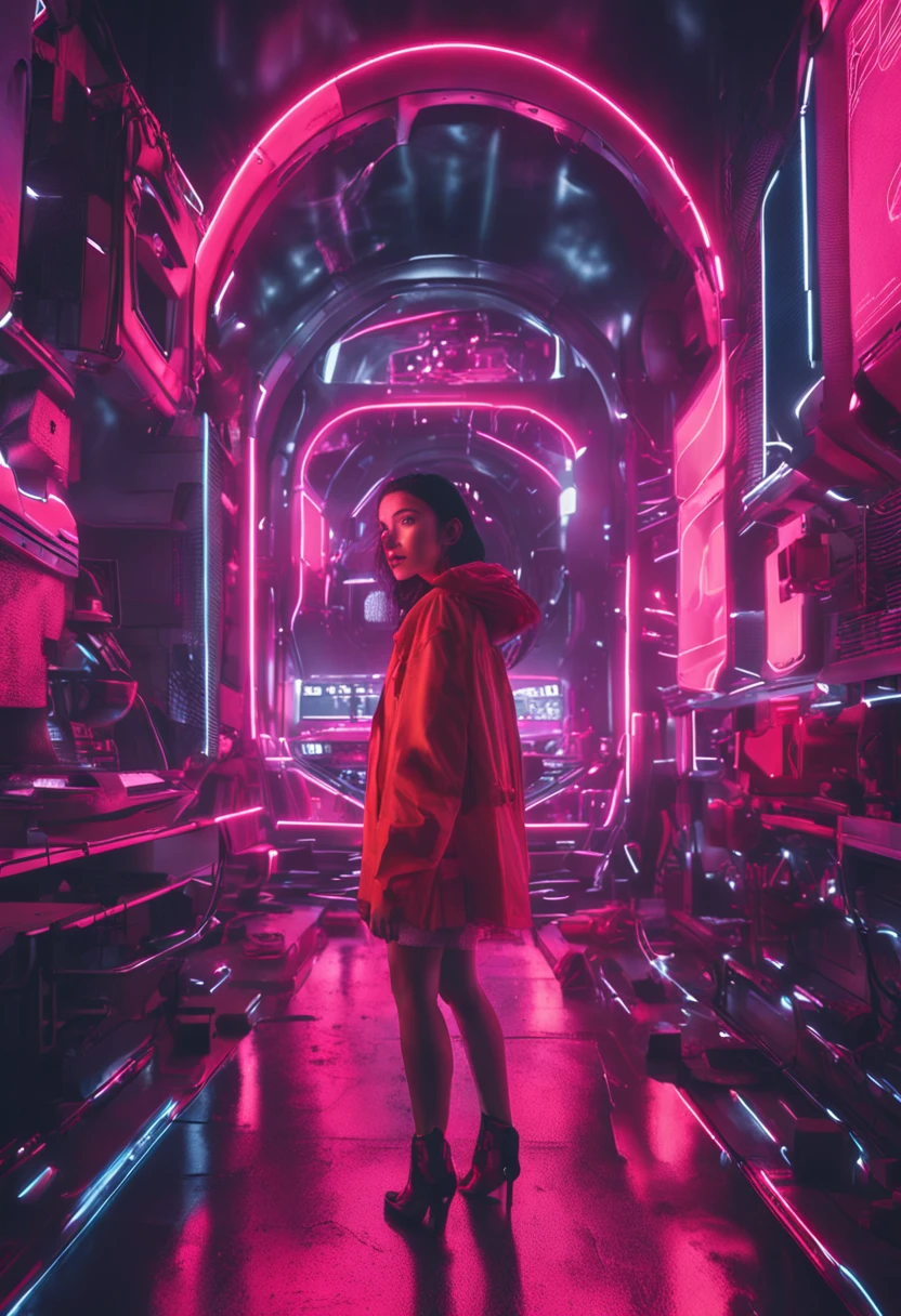 A futuristic young woman exuding a modern and cutting-edge vibe is the subject of the portrait. The ambiance is reminiscent of futuristic cyberpunk elements with a neon aesthetic, drawing inspiration from artists like Beeple and Simon Stålenhag, as well as movies such as "Blade Runner 2049" and "Ghost in the Shell." The image is captured using a short telephoto lens to emphasize facial expressions and intricate details. Neon lighting, volumetric light, and ambient glow from LED braids contribute to the overall atmosphere, while the image resolution is set at 4K to ensure the capture of fine details.