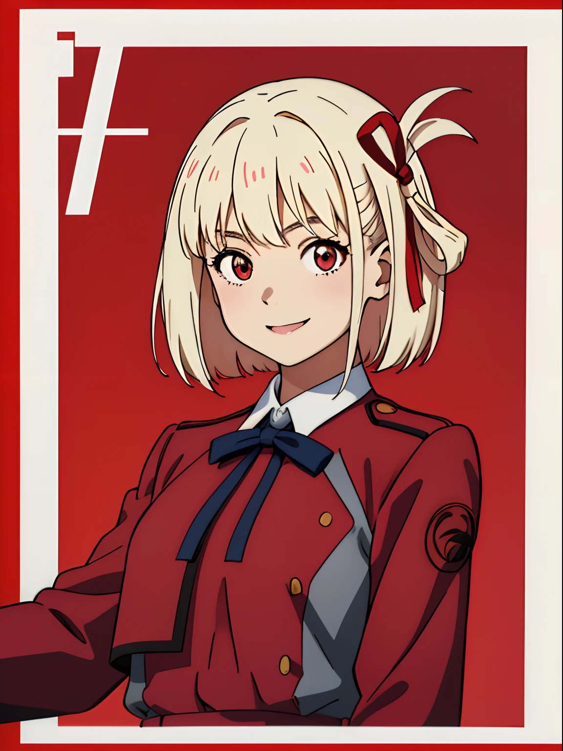 simple background、(masterpiece、top-quality:1.2)、((facing front:1.2))、A big smile、With bangs、Young woman at 、((The upper part of the body:1.2))、Promotional Art、offcial art、red school uniform、long-sleeve、platinum-blonde、Red ribbons、Amber eyes